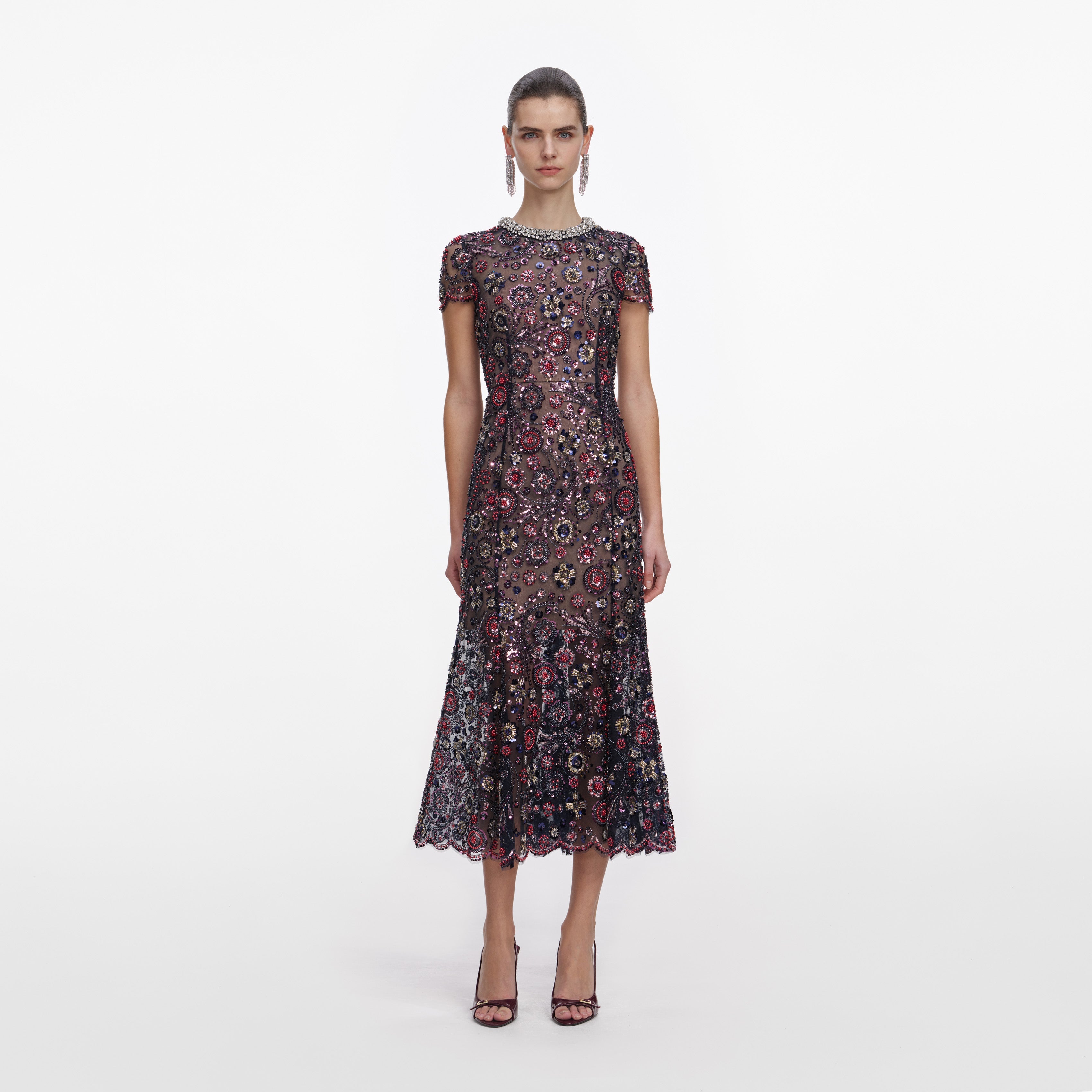 self portrait floral embroidered dress Belted floral-print linen and cotton-blend midi dress - green