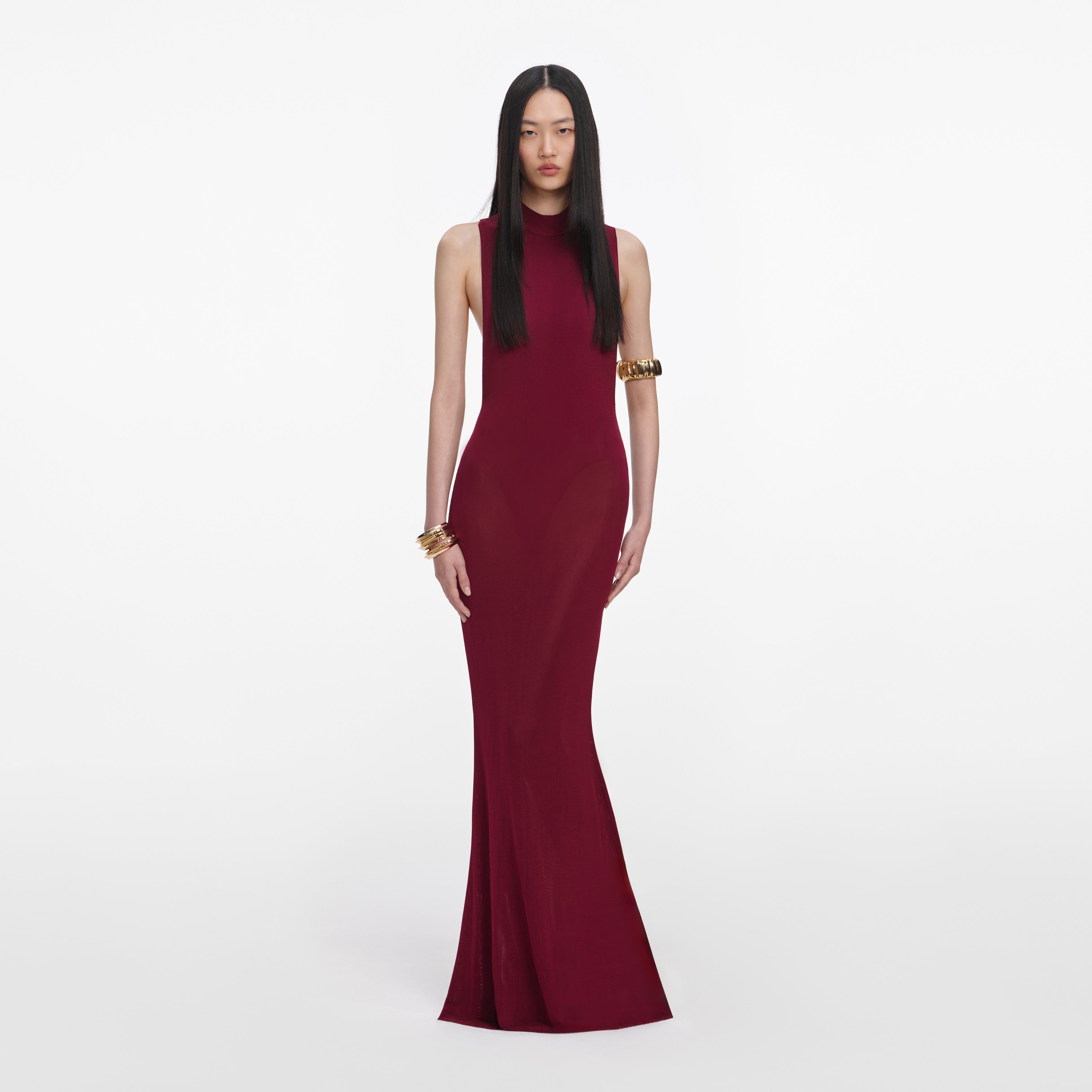 burgundy knit maxi dress Burgundy Racer Back Viscose Knit Maxi Dress – self-portrait-US