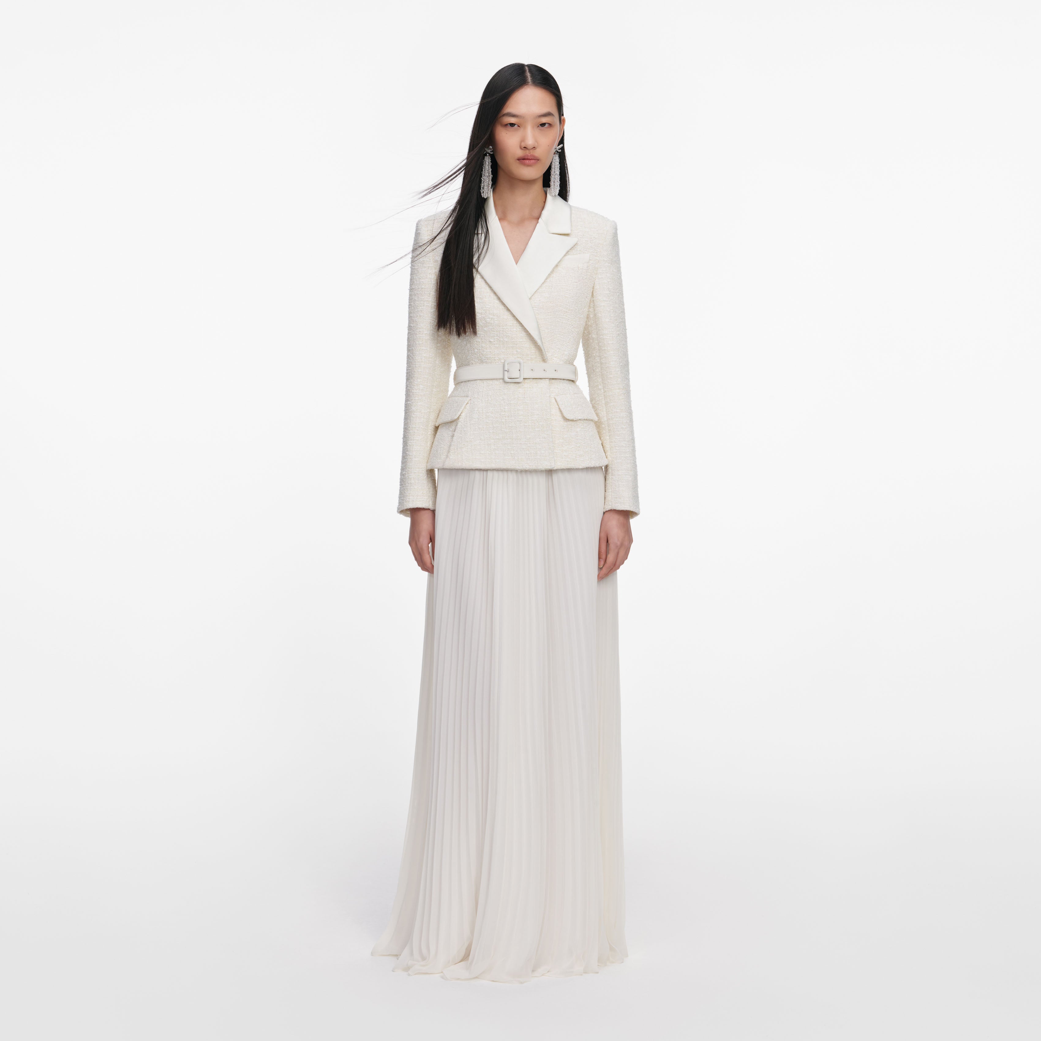 chinese dress ladies Self-Portrait - Cream Tailored Boucle Chiffon Maxi Dress
