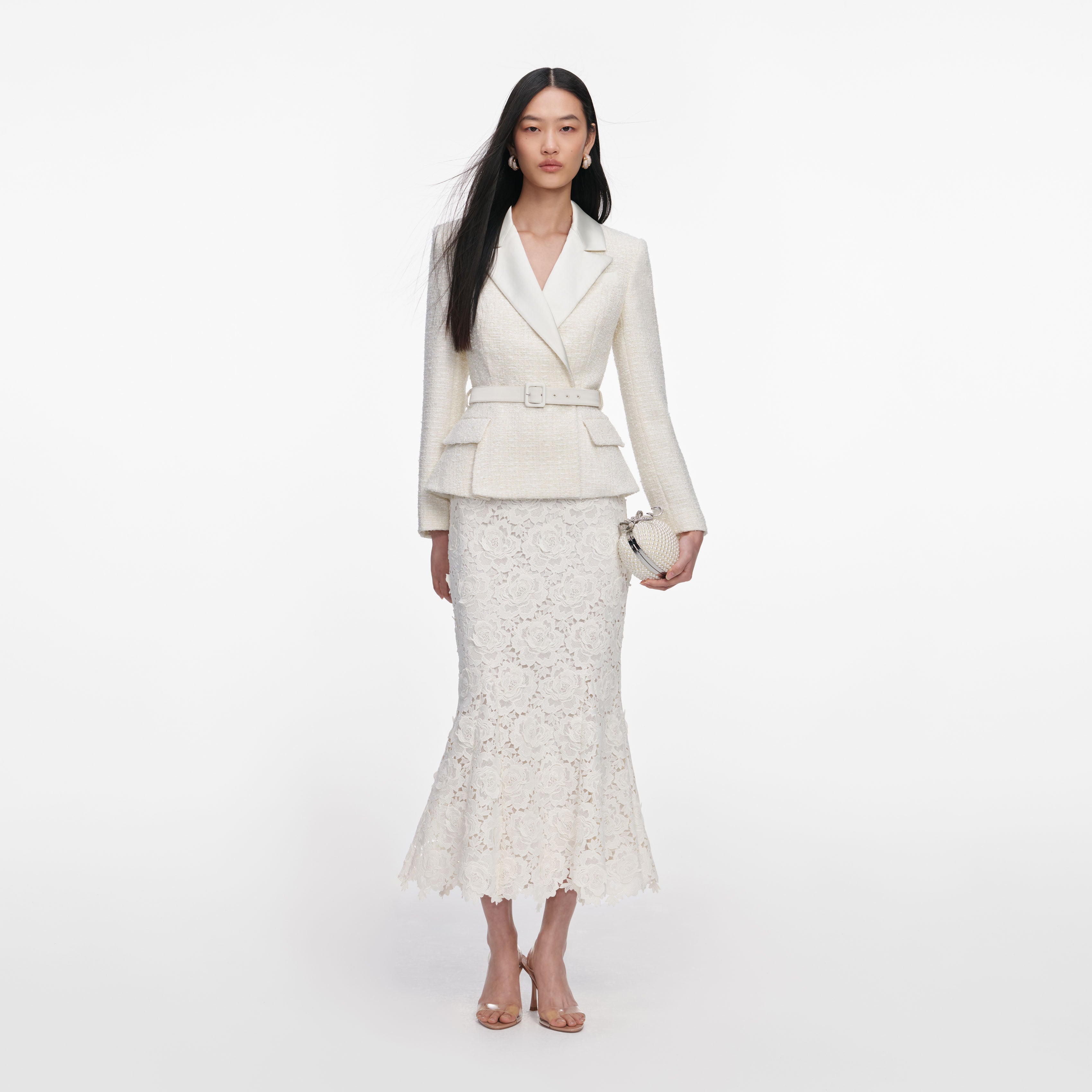 self-portrait - Cream Boucle Flower Lace Midi Dress - US 6 self-portrait - Cream Boucle Flower Lace Midi Dress - US 6