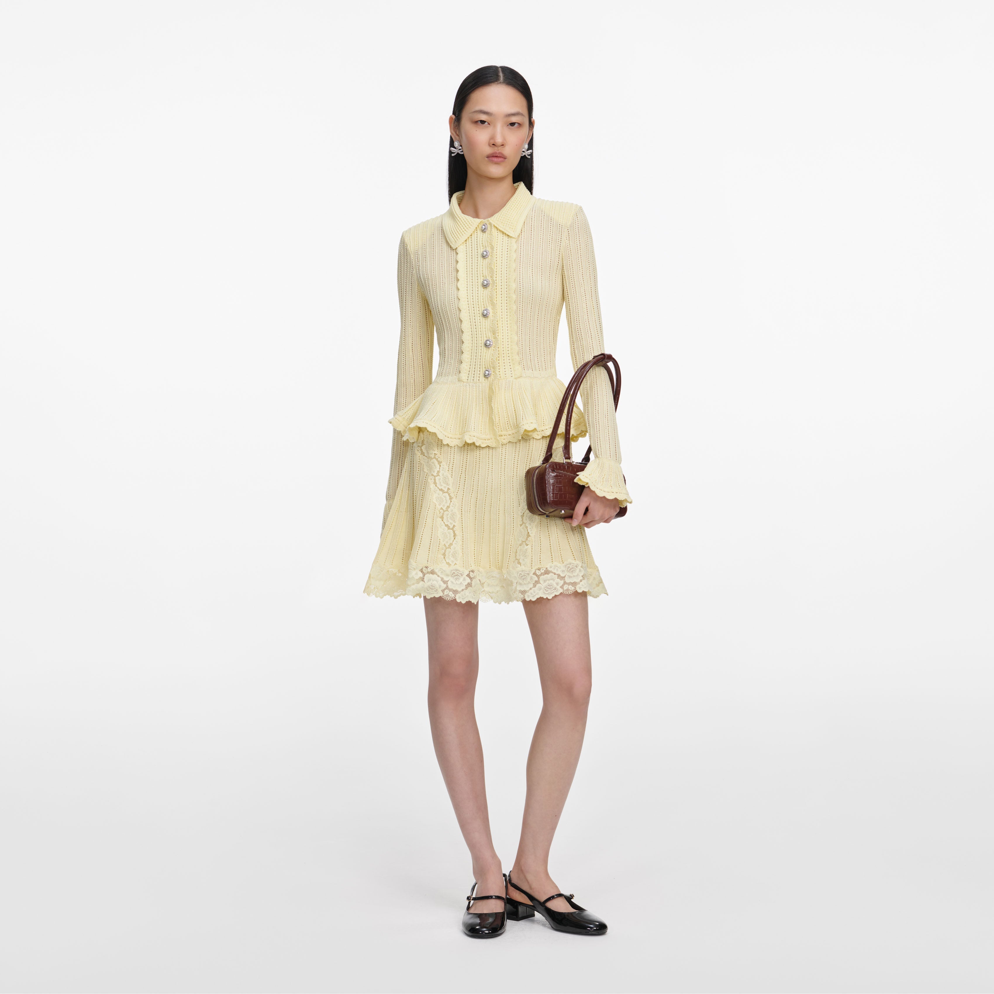 self-portrait - Yellow Pointelle Peplum Knit Mini Dress - L self-portrait - Yellow Pointelle Peplum Knit Mini Dress - L