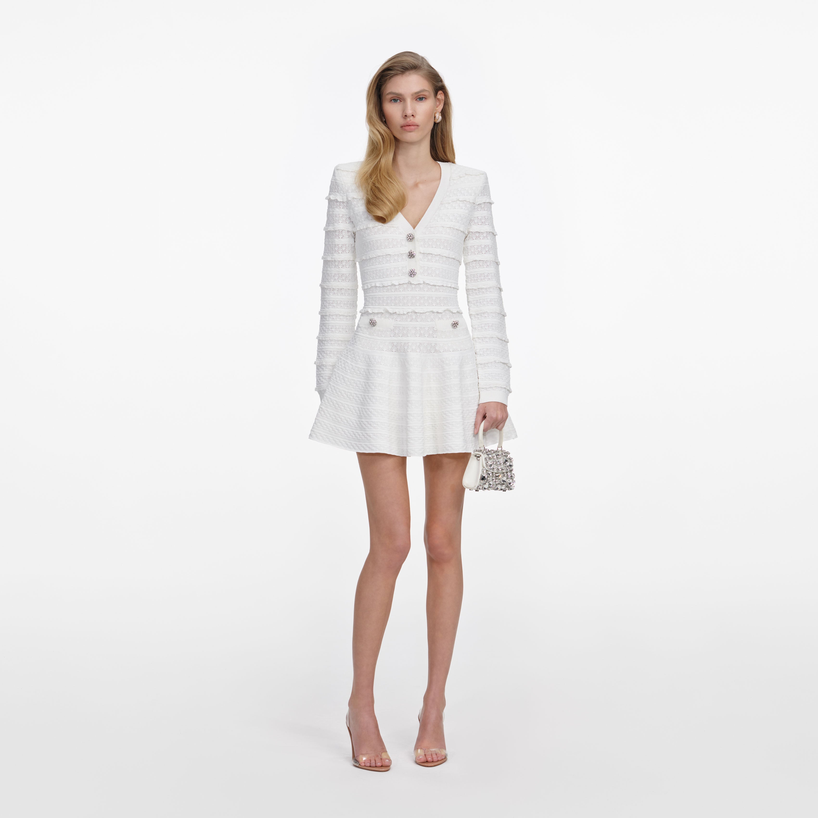 self-portrait - White Pointelle Diamante Knit Mini Dress