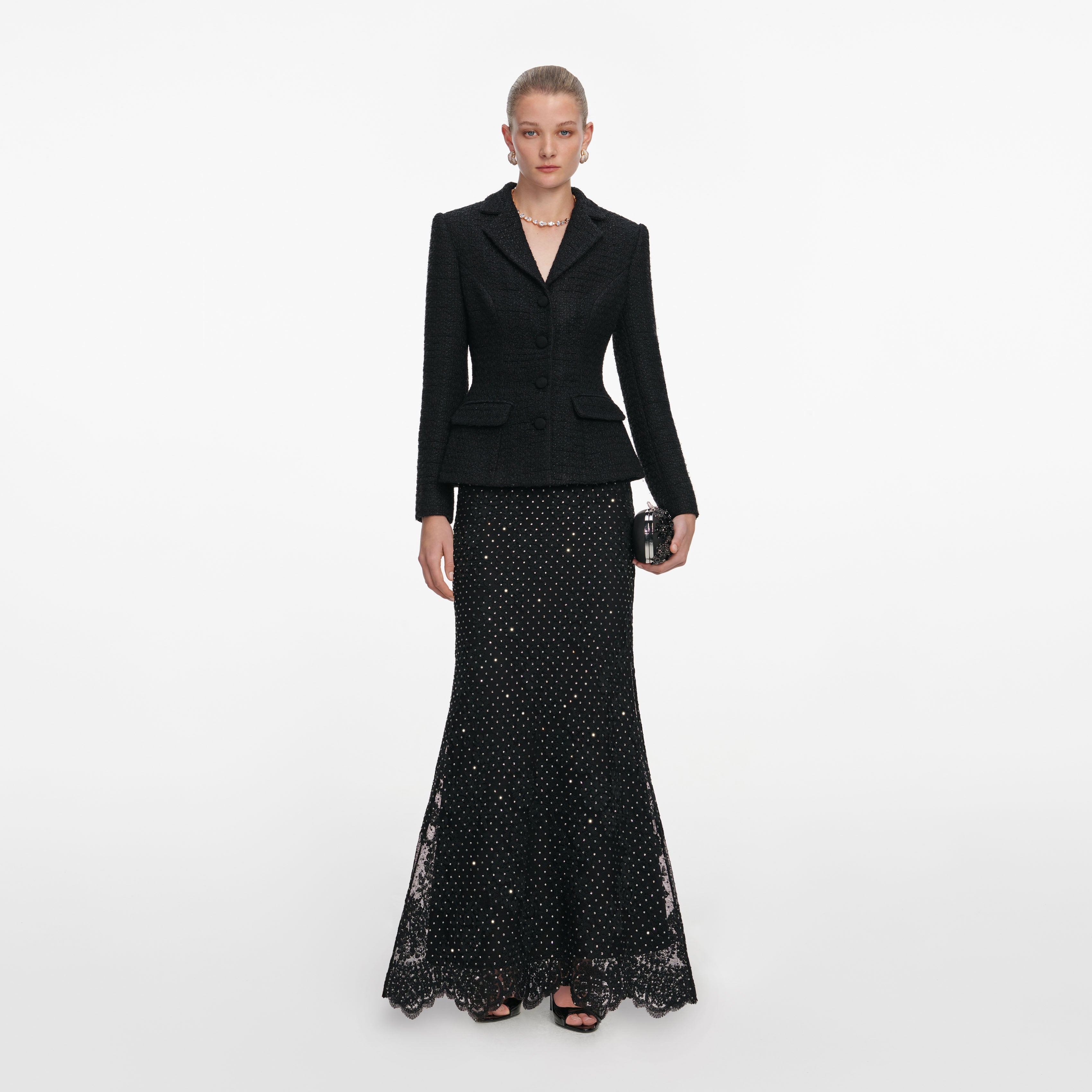 Self-Portrait - Black Boucle Rhinestone Lace Maxi Dress