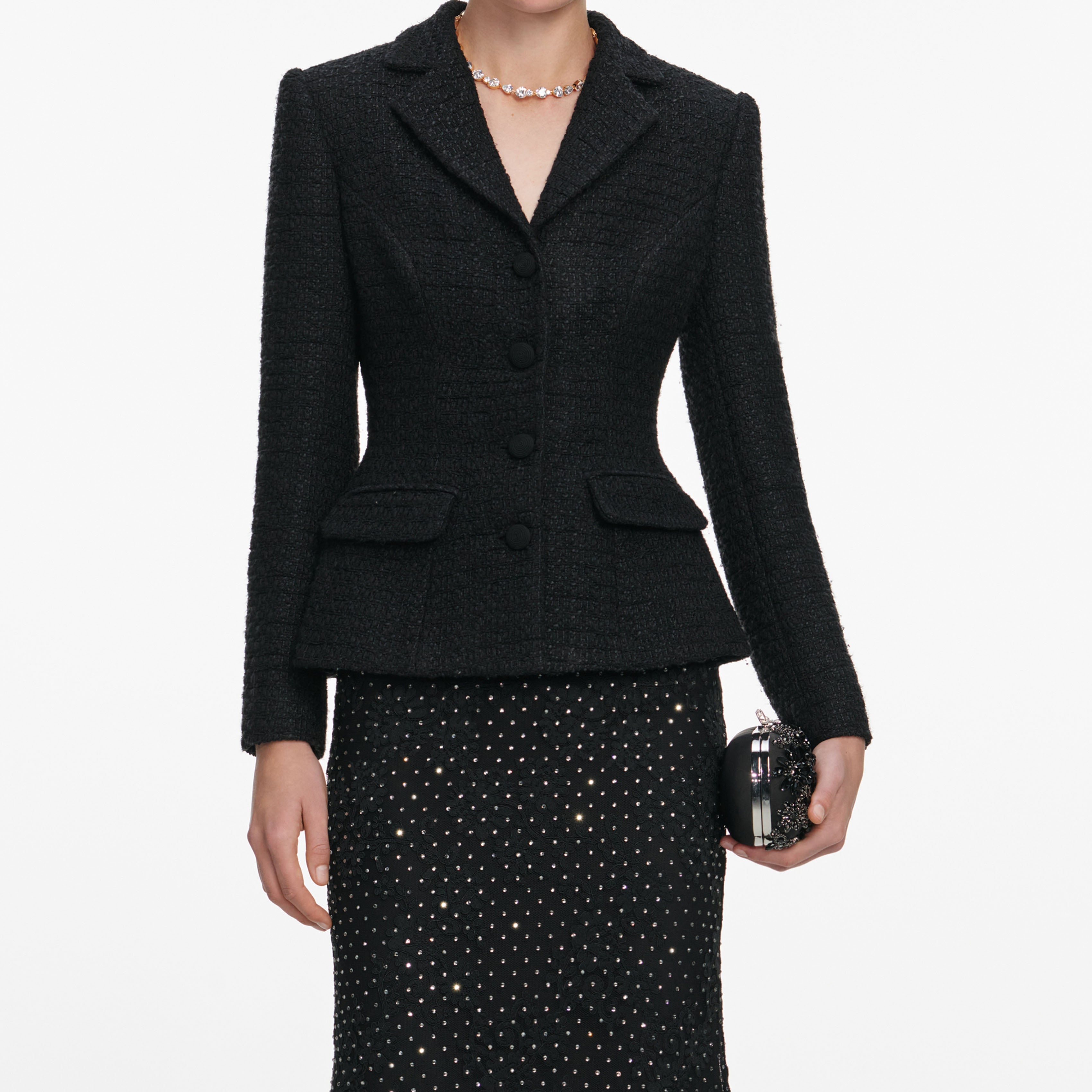 Black Boucle Rhinestone Lace Maxi Dress