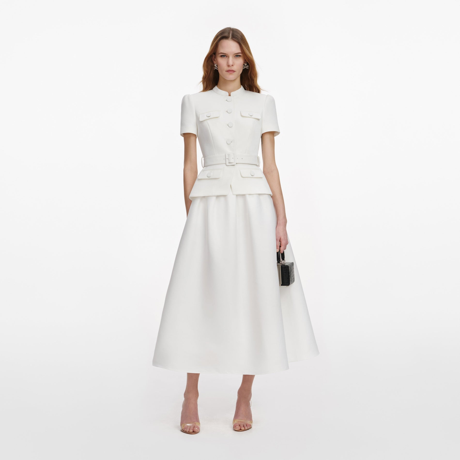 Front view of a woman wearing the White Tailored Taffeta Midi Dress