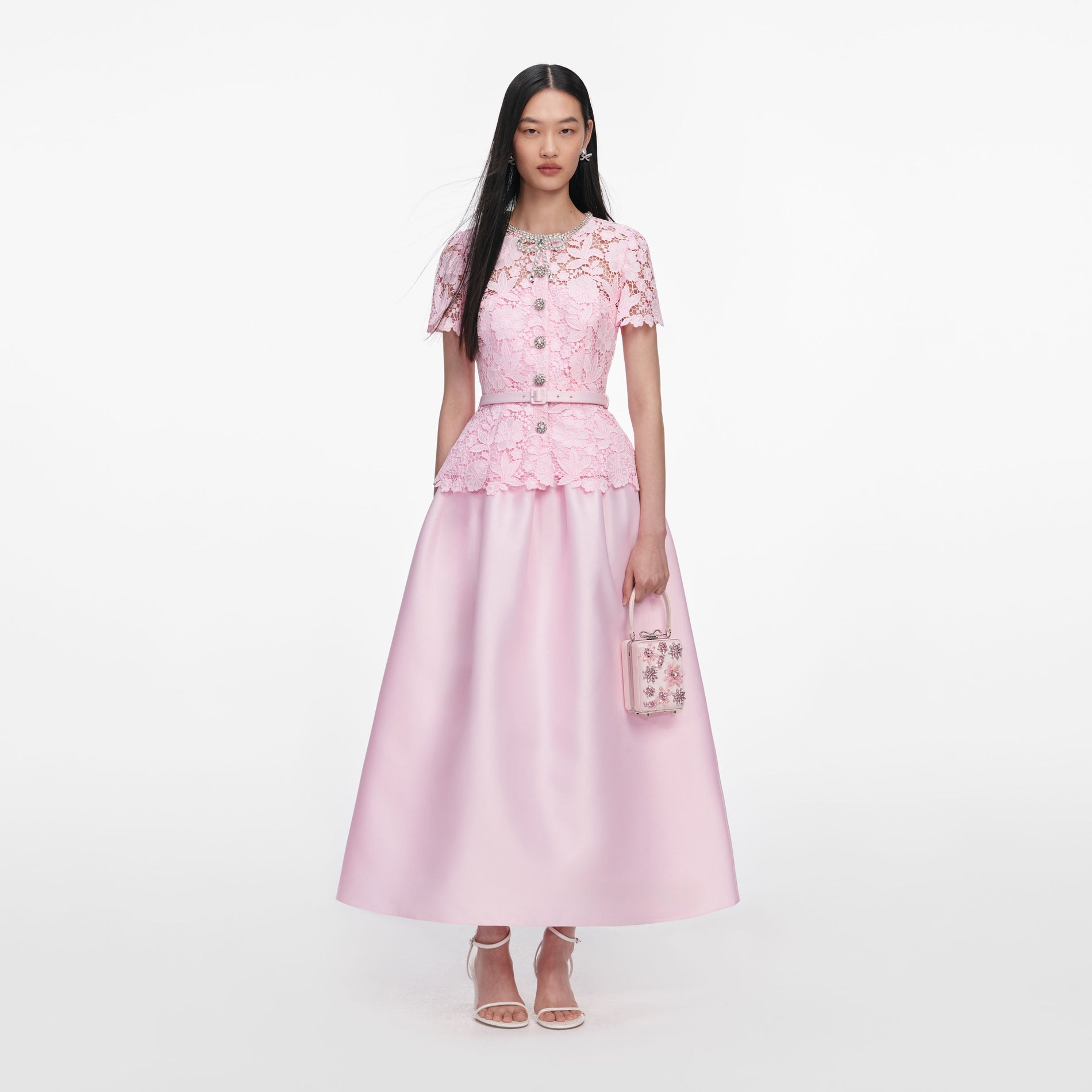 Front view of a woman wearing the Pink Lace Taffeta Midi Dress