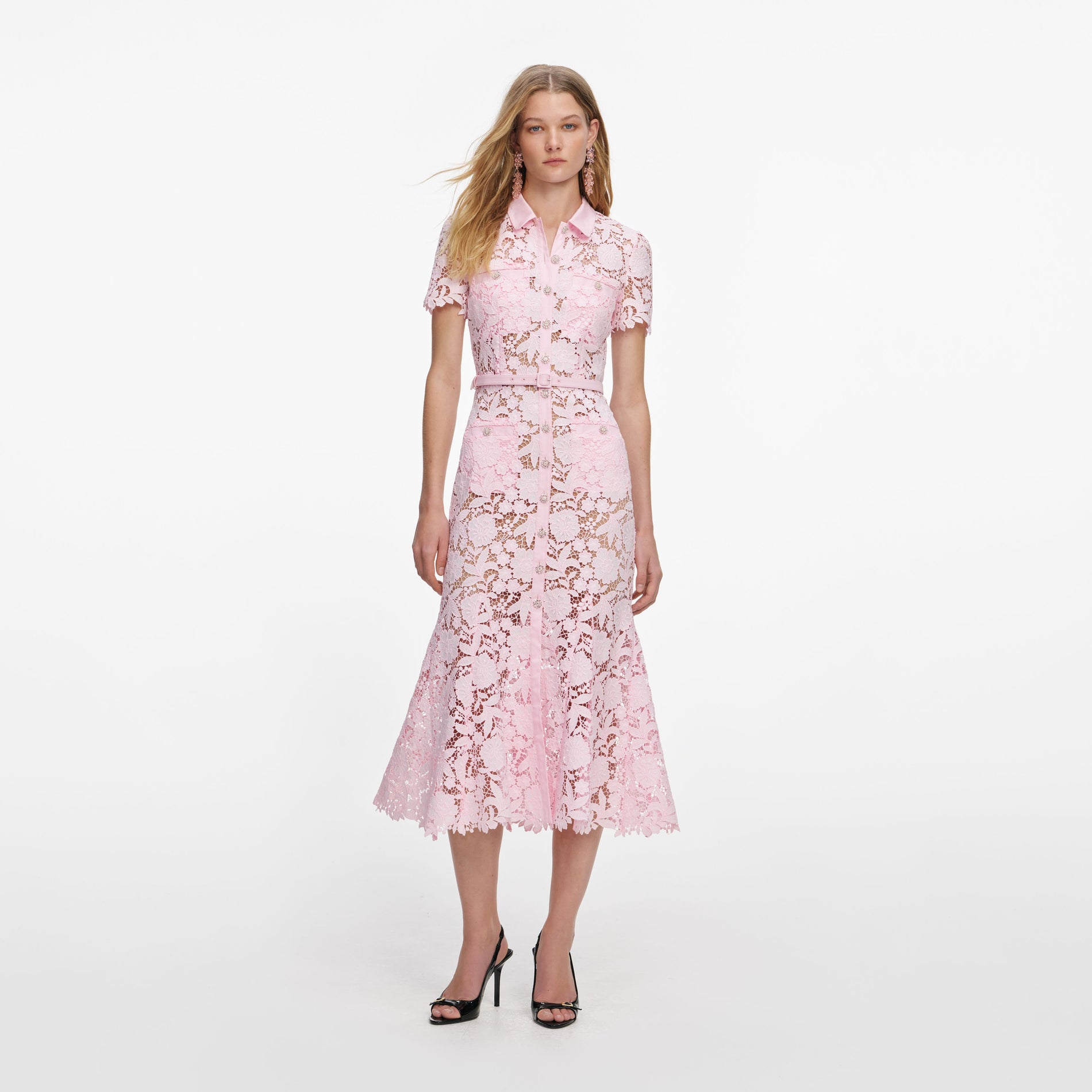 Front view of a woman wearing the Pink Lace Collared Midi Dress