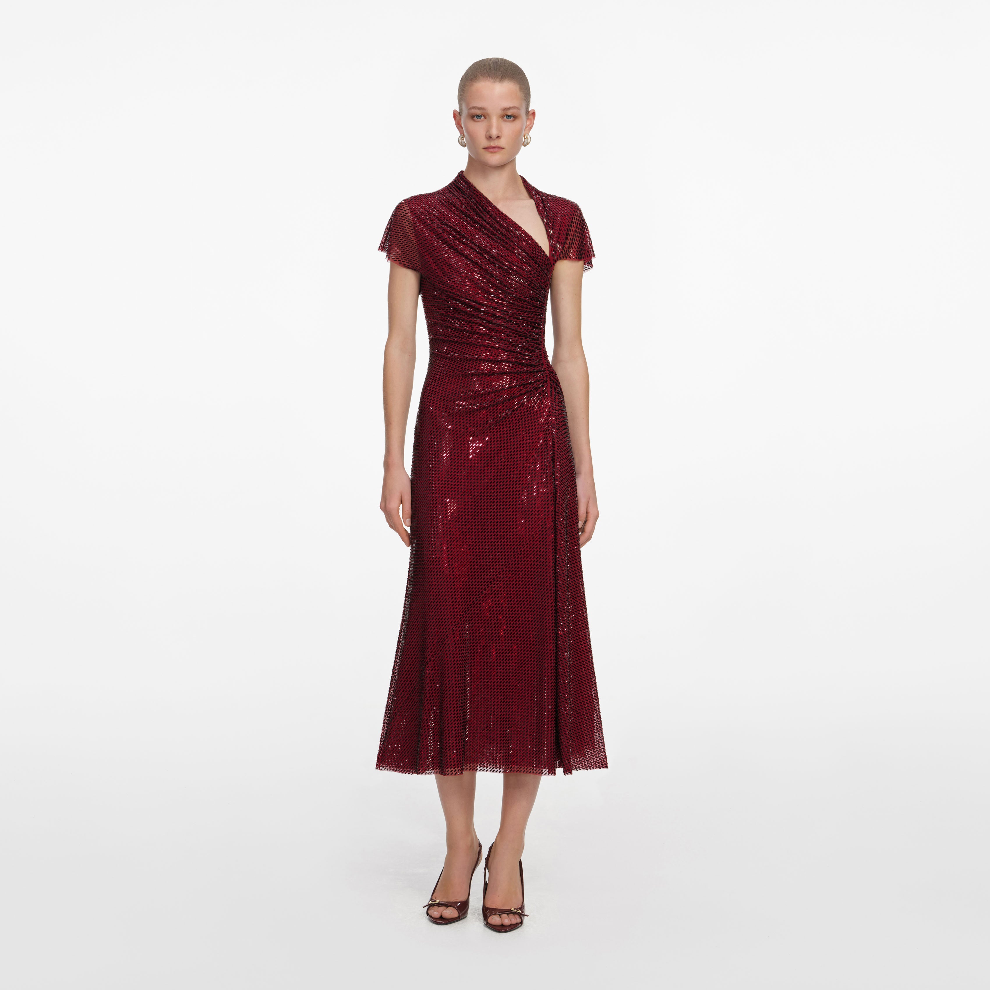 red embellished midi dress Red Rhinestone Drape Midi Dress – self-portrait-US