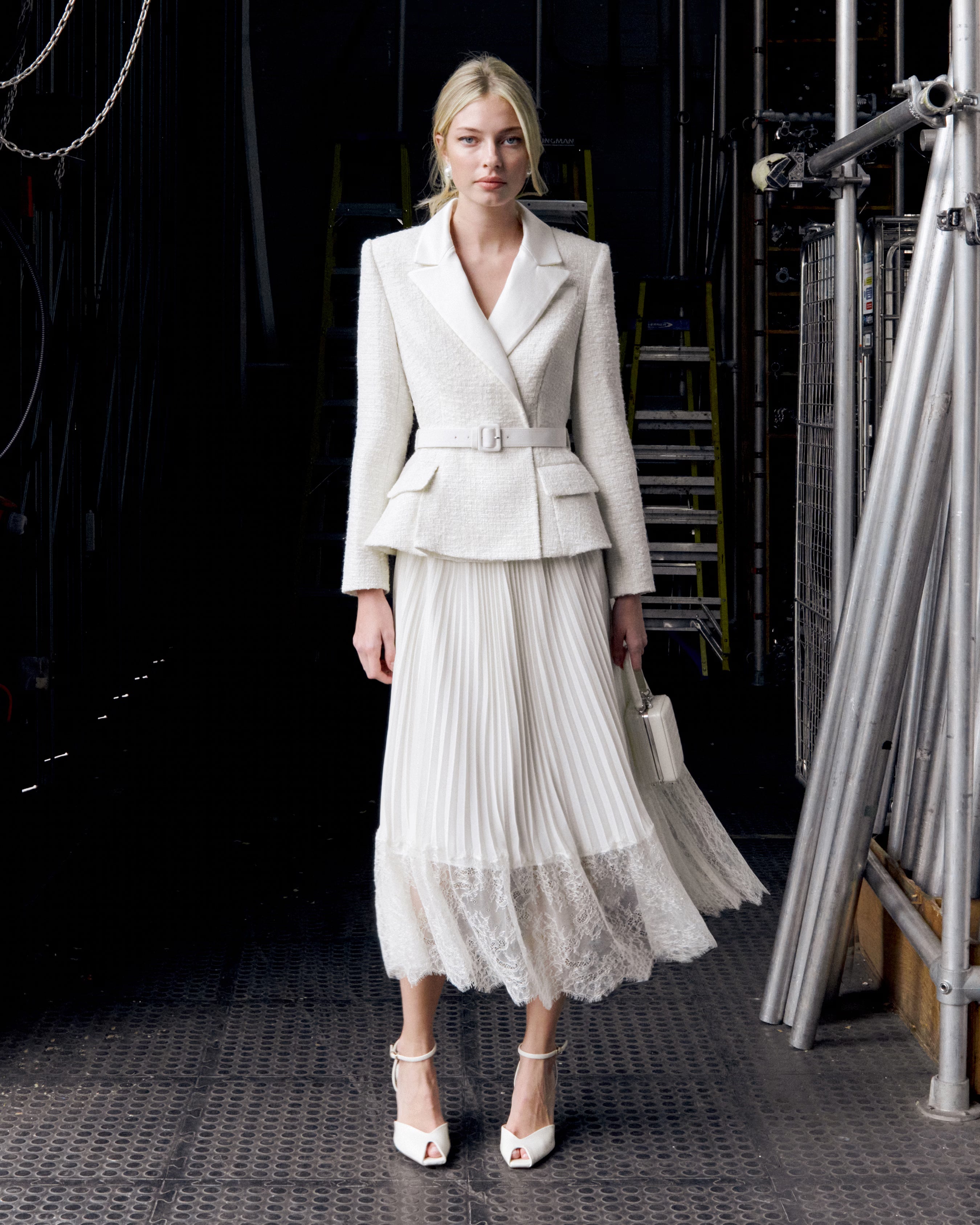 Cream Tailored Bouclé And Chiffon Midi Dress