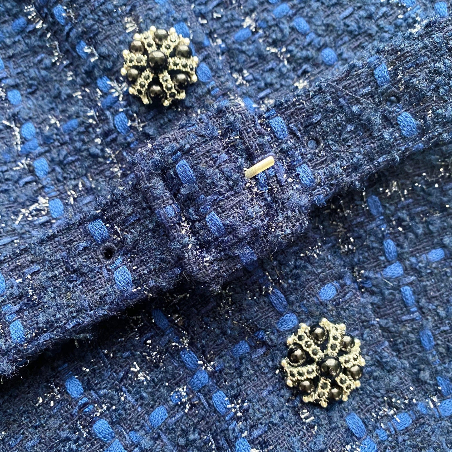 A close up of the fabric for the Navy Metallic Bouclé Tailored Midi Dress