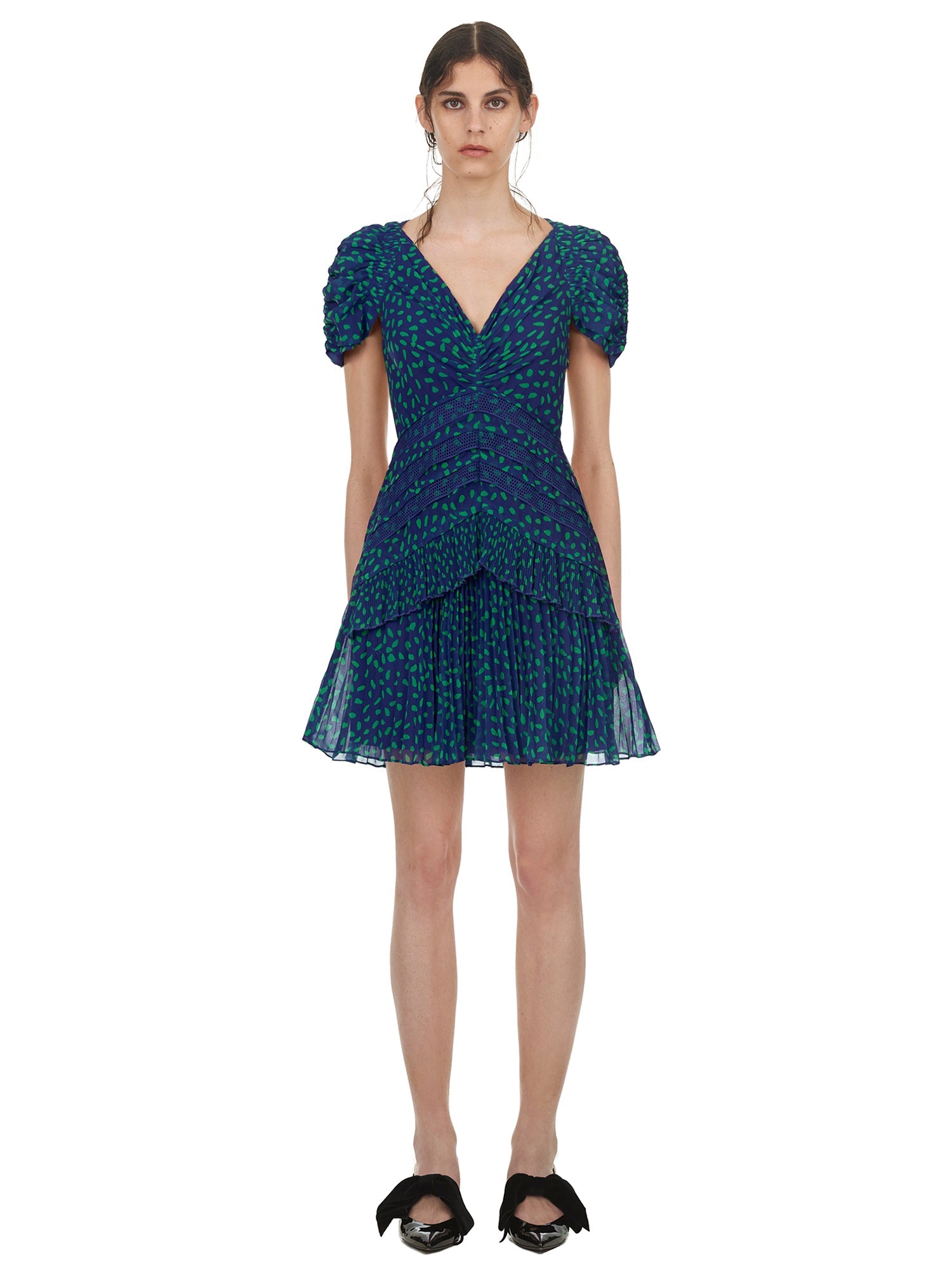 Front view of a woman wearing the Blue and Green Dot Chiffon Printed Dress