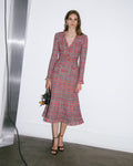Red Check Frayed Knit Midi Dress
