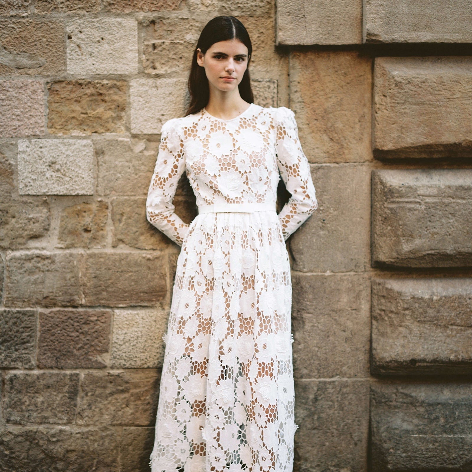 White 3D Cotton Lace Midi Dress