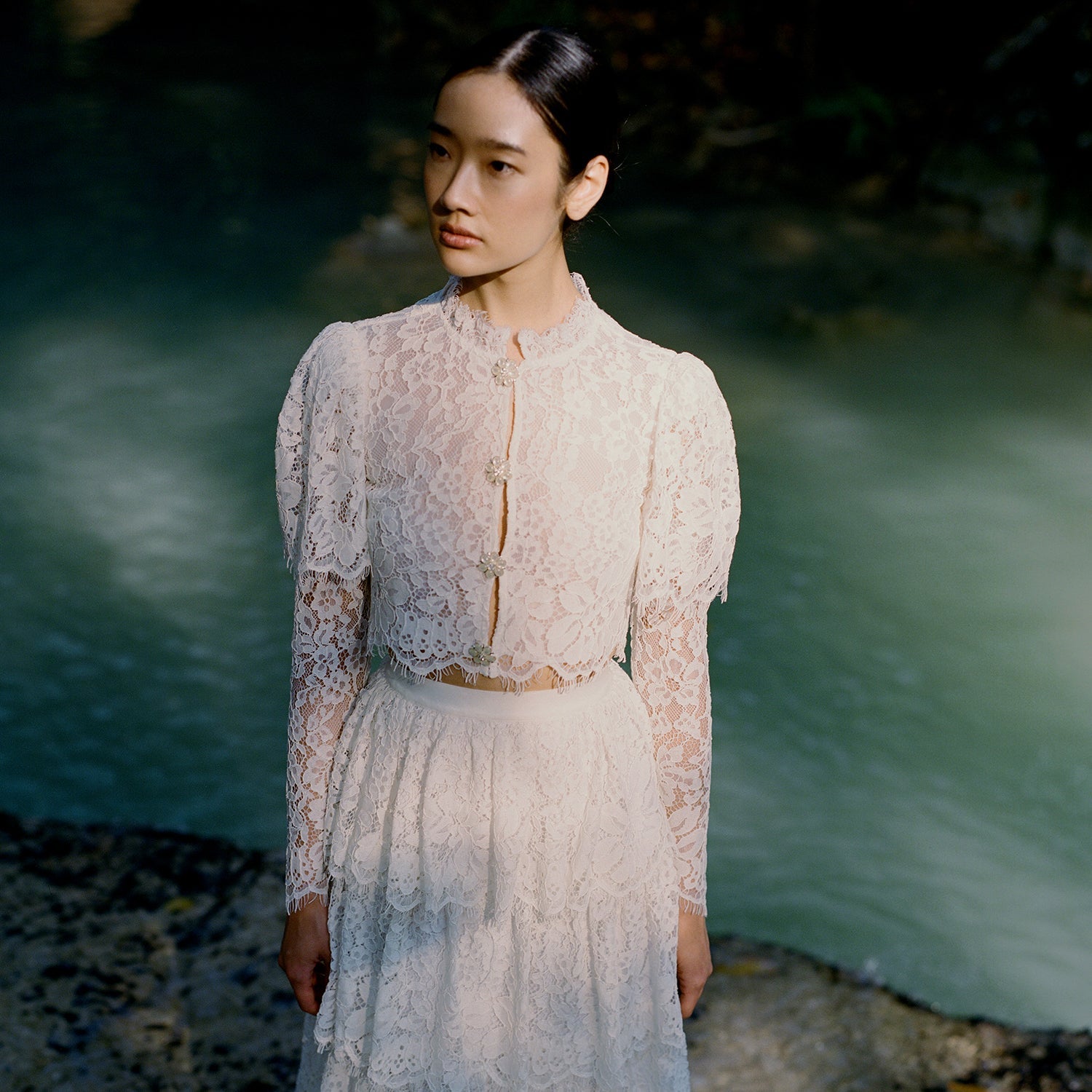 Ivory Corded Lace Tiered Midi Skirt