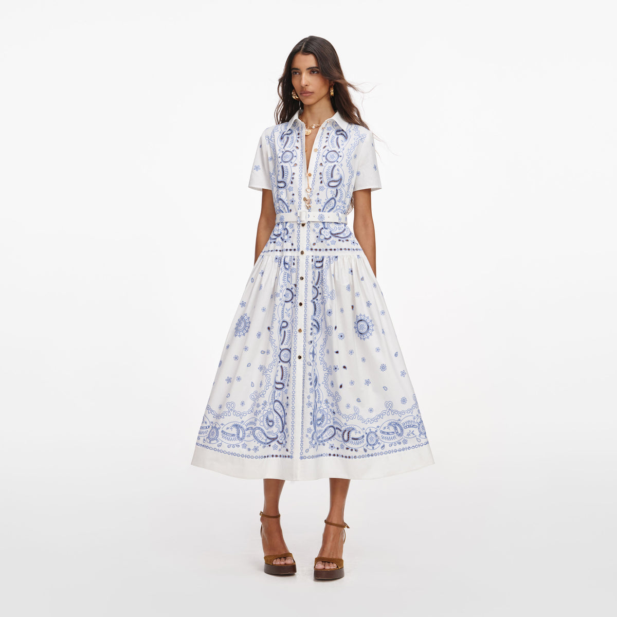 White And Blue Embroidered Midi Dress – self-portrait-US