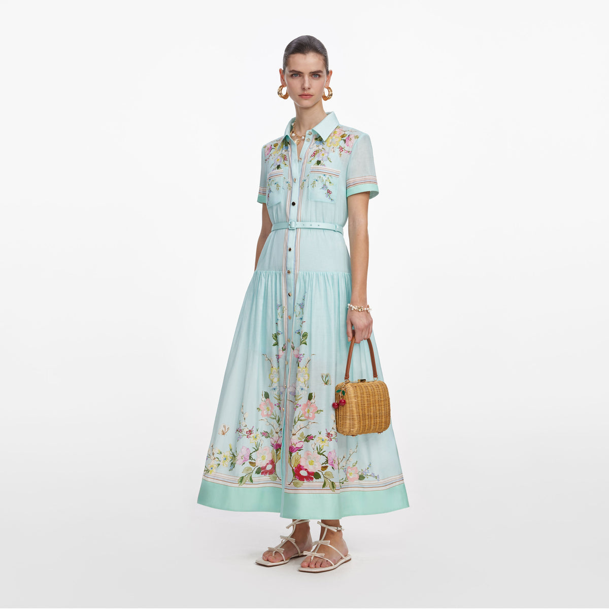 self-portrait - Mint Floral Organza Midi Dress