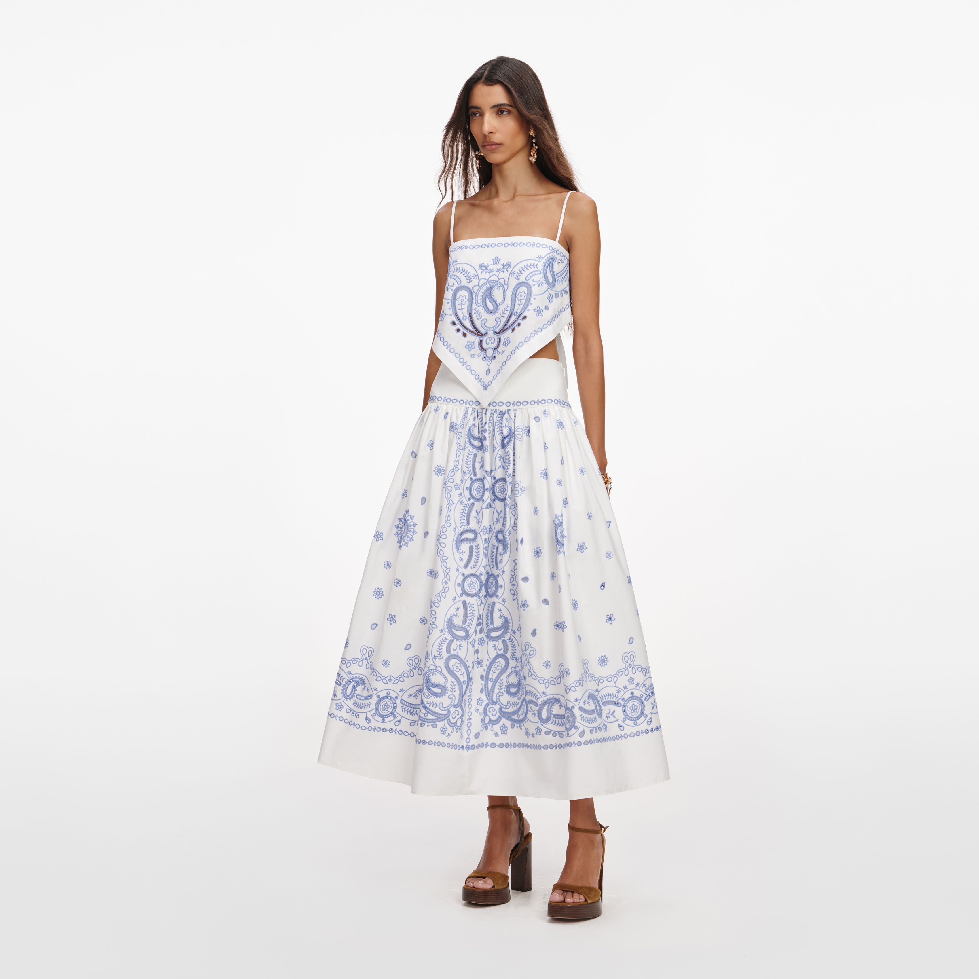 White And Blue Embroidered Midi Skirt