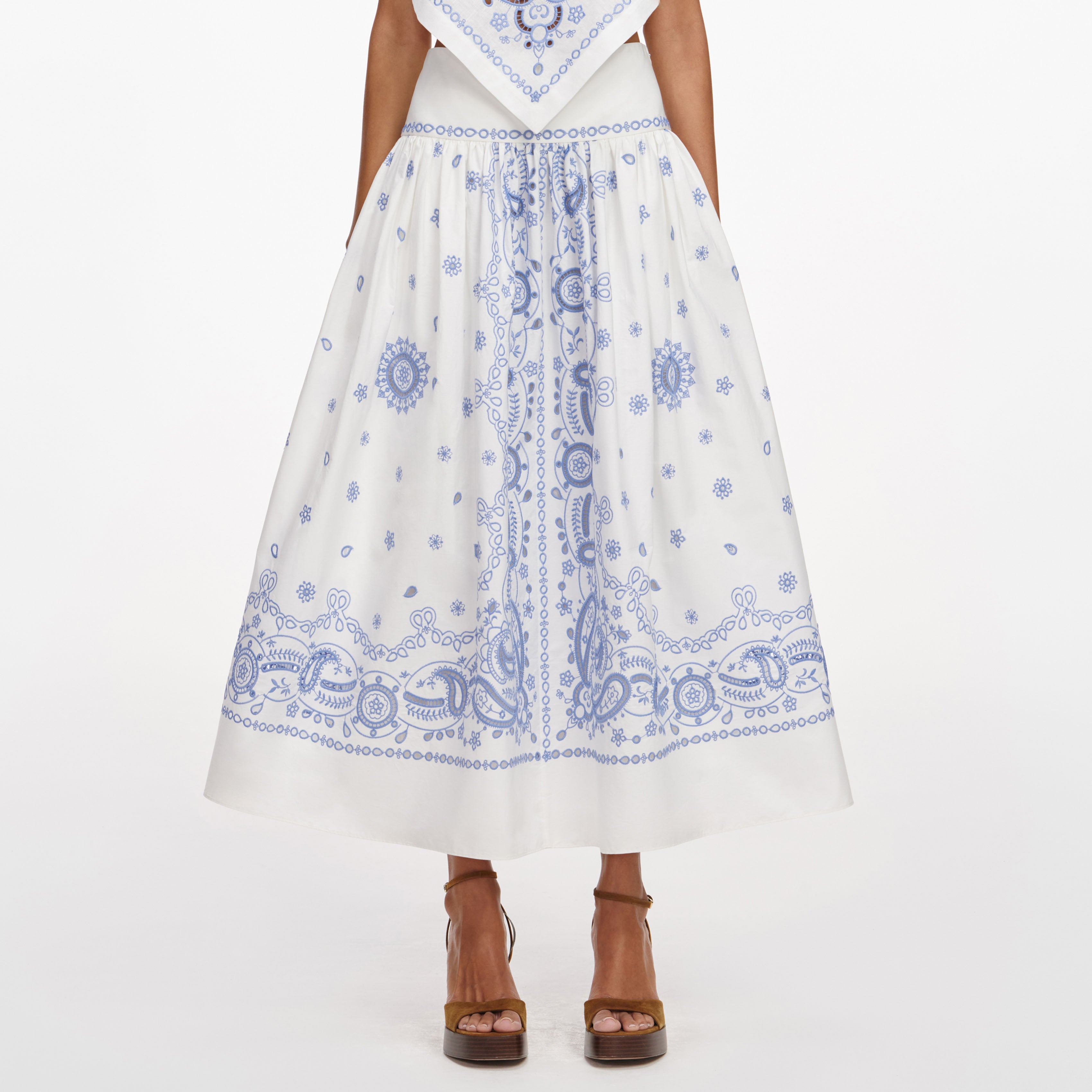 White And Blue Embroidered Midi Skirt – self-portrait-US