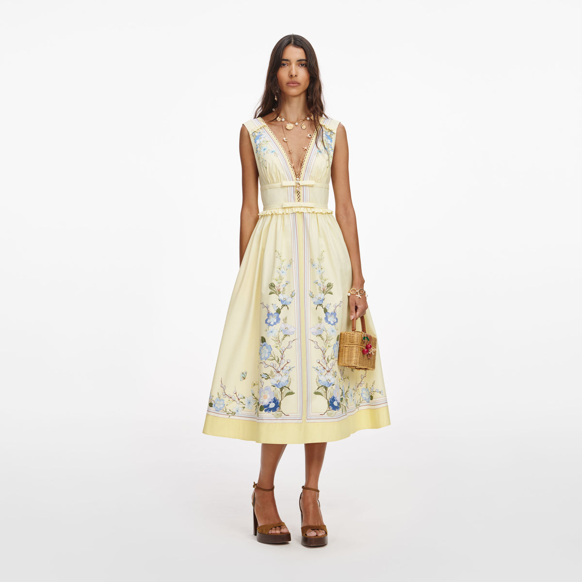 Self-Portrait - Yellow Floral Cotton Midi Dress