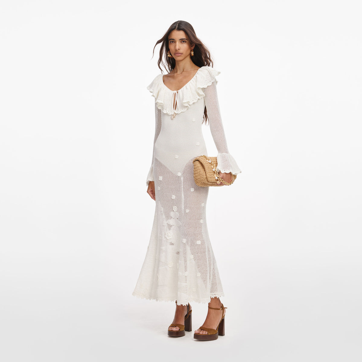 white crochet long sleeve midi dress Cozumel Dress