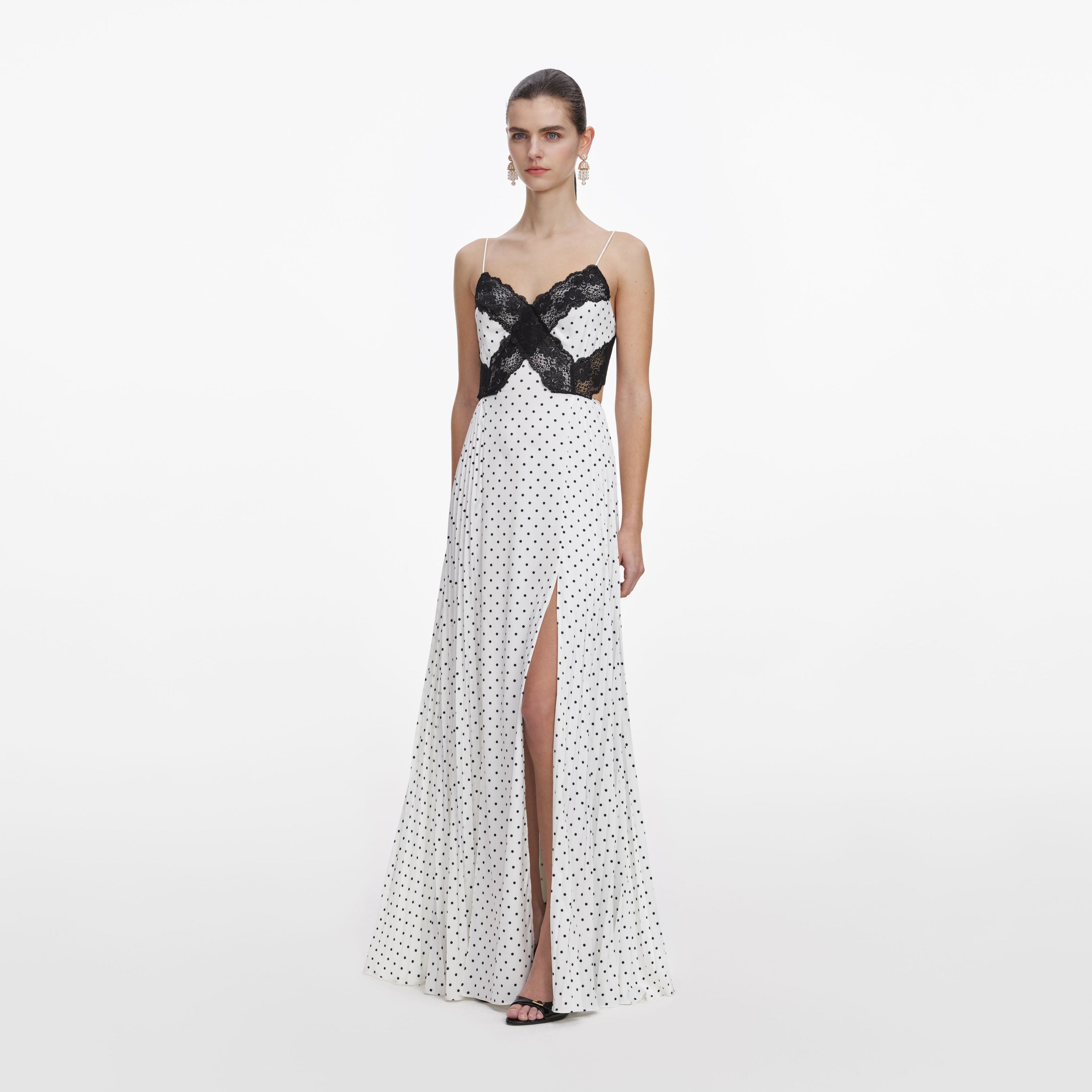 self-portrait - White Polka Dot Satin Lace Maxi Dress
