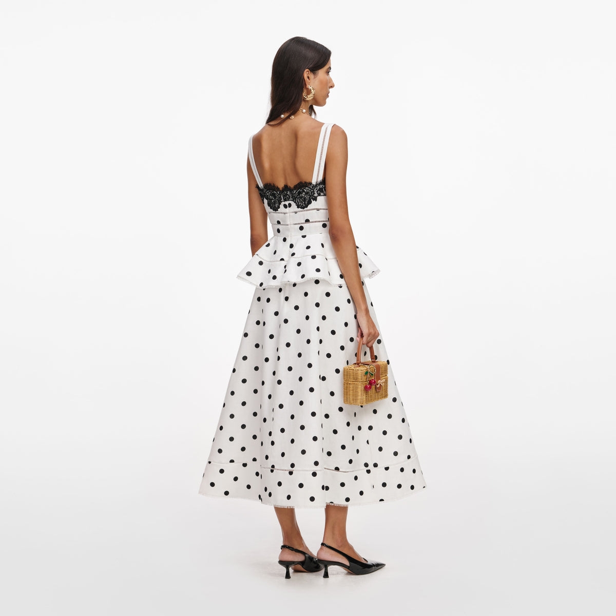 White Polka Dot Linen Midi Dress – self-portrait-US
