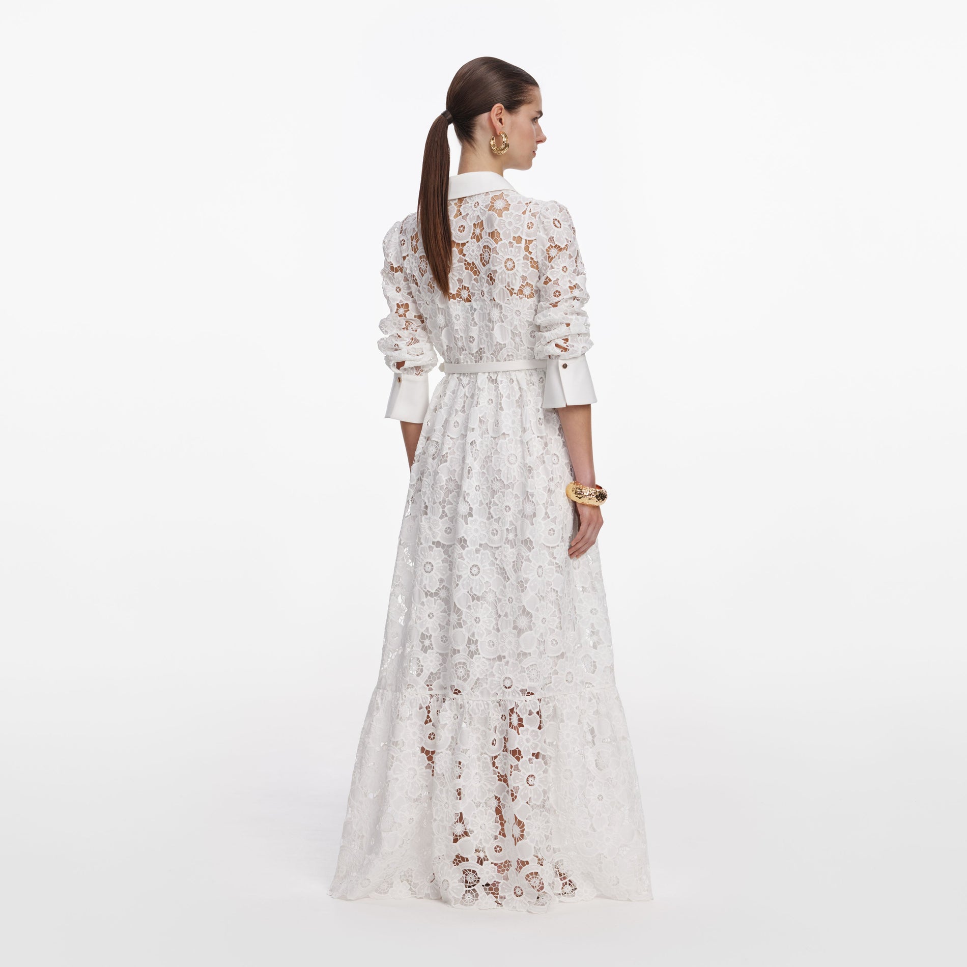 Back view of a woman wearing the White Lace Collared Maxi Dress