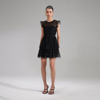 Black Grid Sequin Tiered Mini Dress