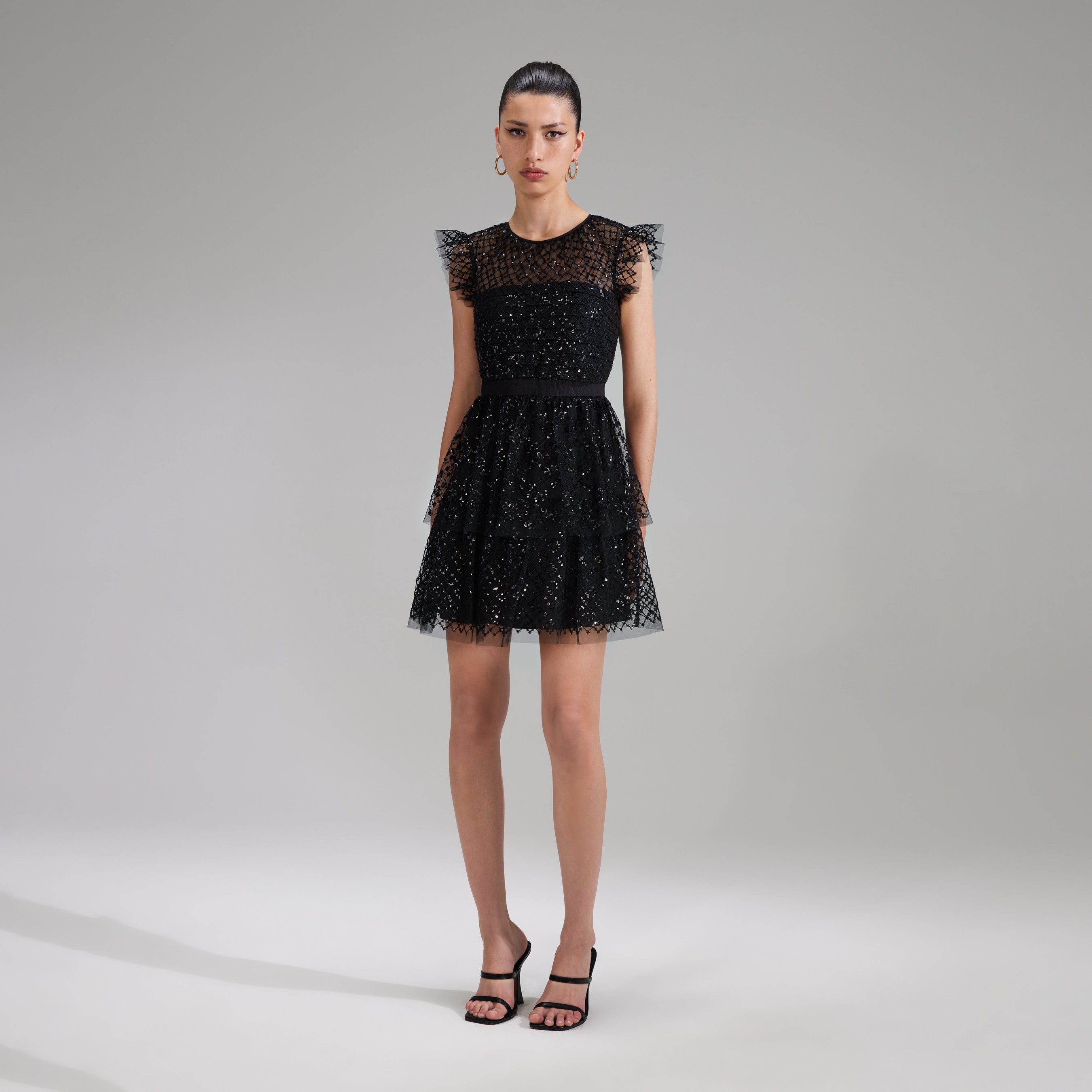 Black Grid Sequin Tiered Mini Dress