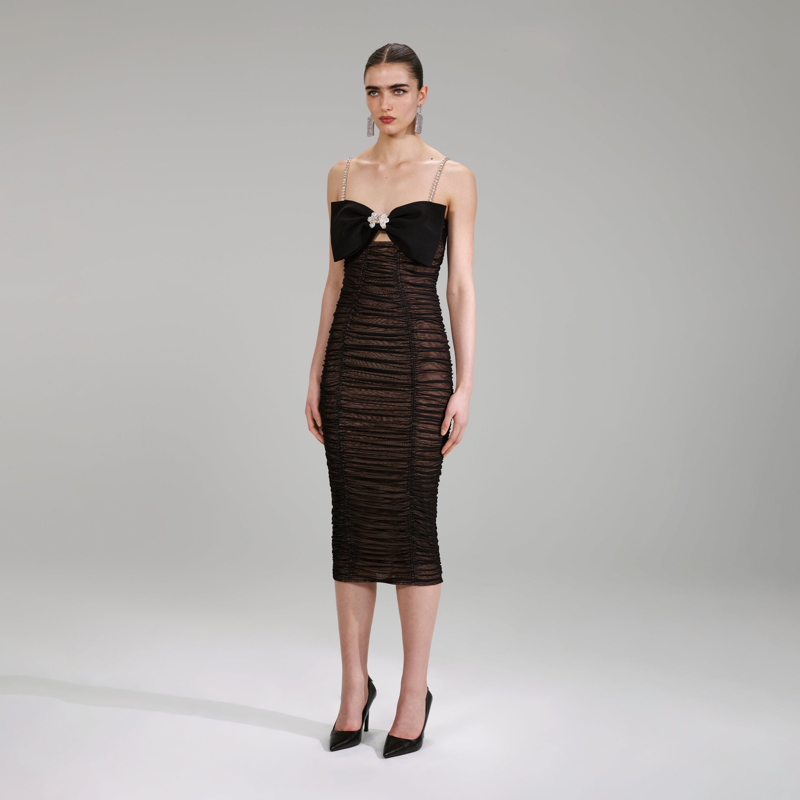 Black Power Mesh Midi Dress