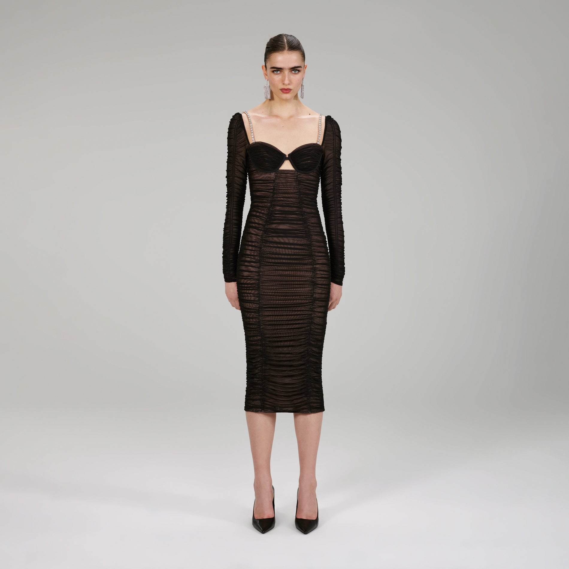 Black Power Mesh Long Sleeve Midi Dress