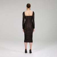 Black Power Mesh Long Sleeve Midi Dress