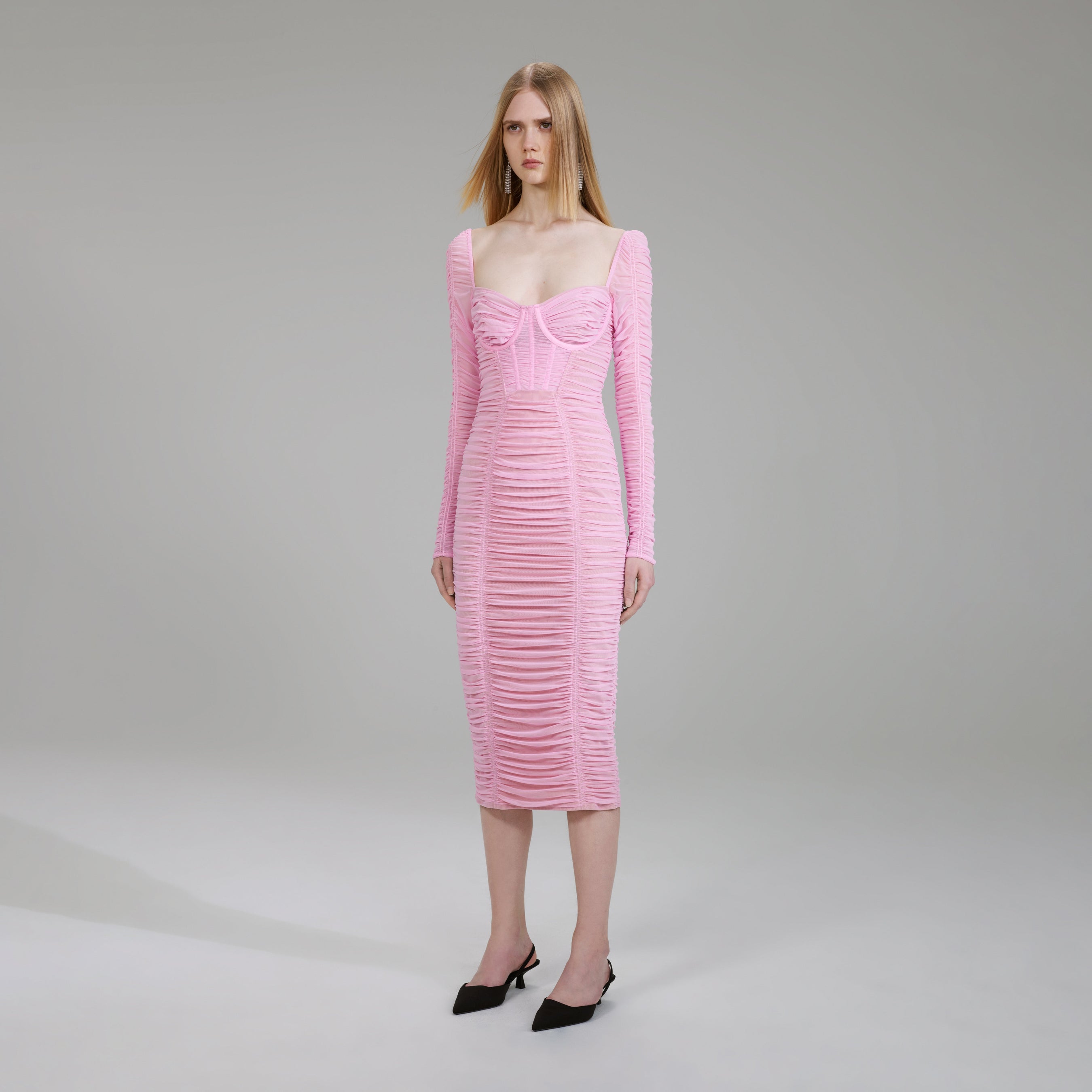 Pink Power Mesh Long Sleeve Midi Dress