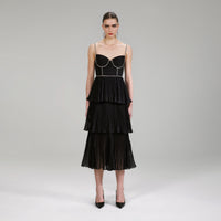 Black Chiffon Tiered Midi Dress