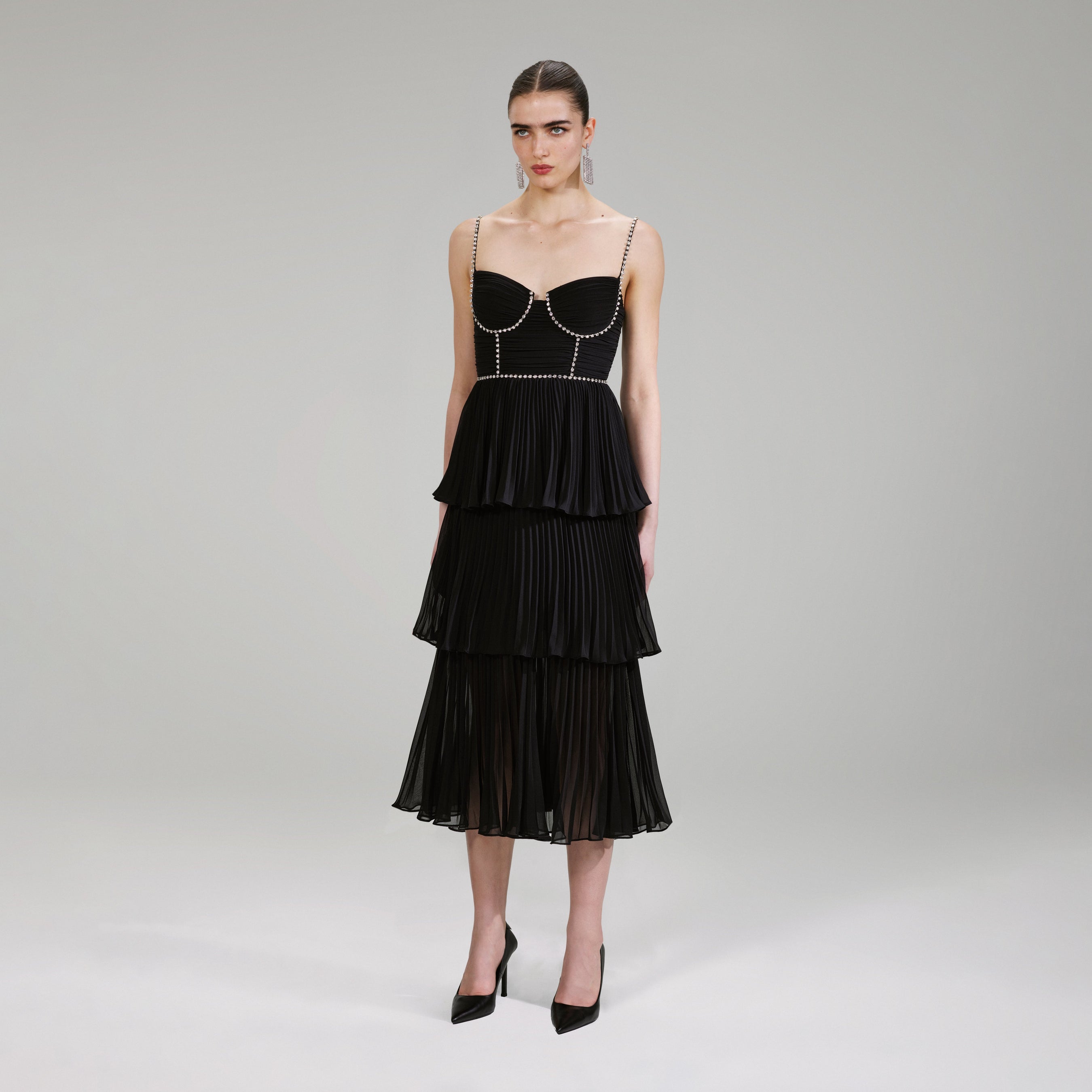 Black Chiffon Tiered Midi Dress