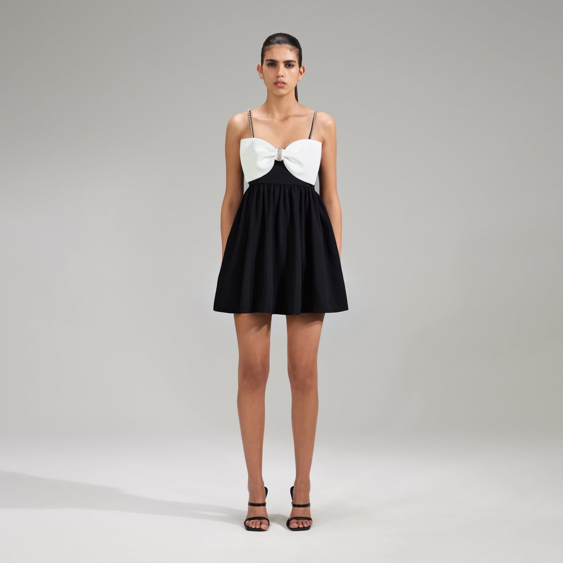 Black Crepe Mini Dress With White Bow