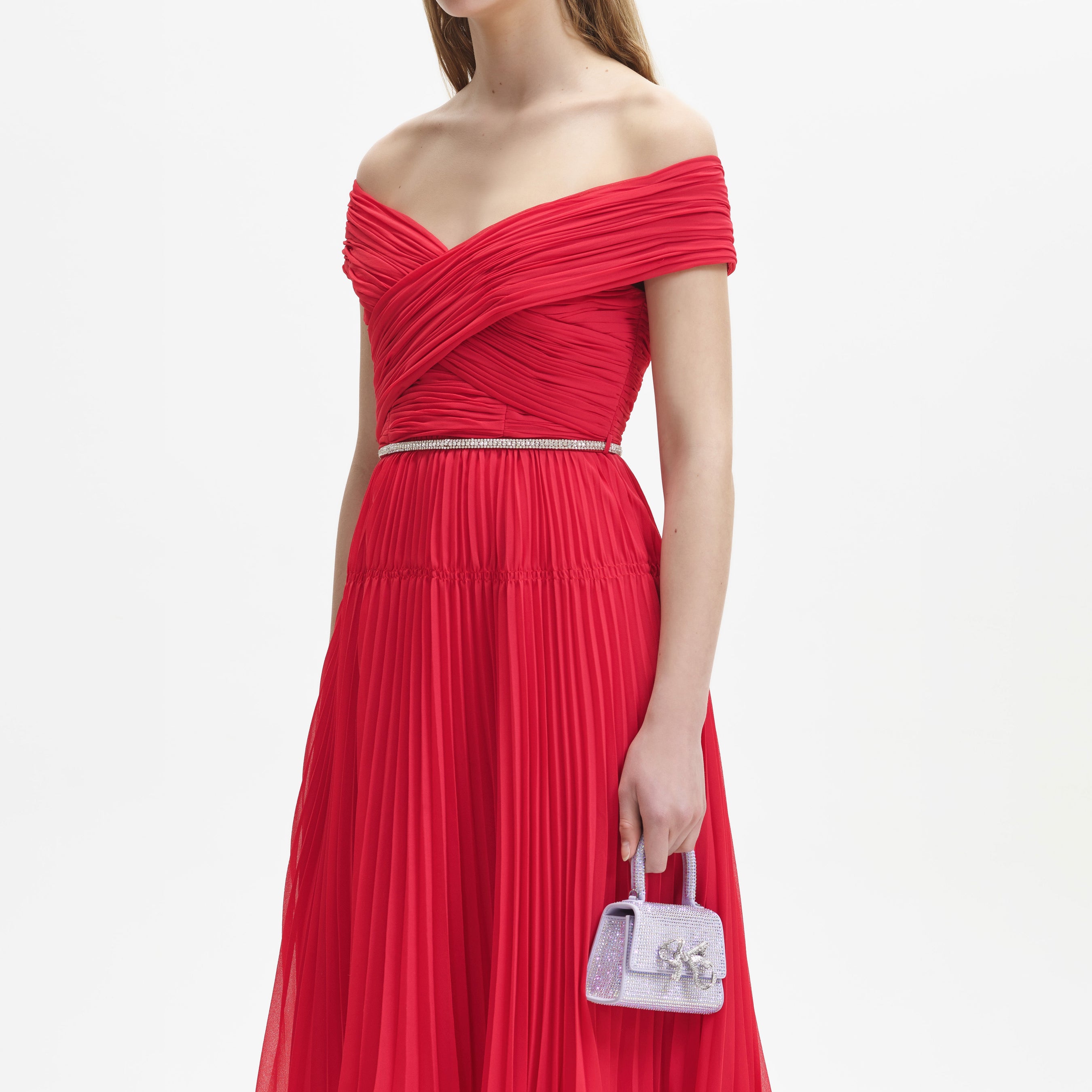 Red Chiffon Off Shoulder Midi Dress