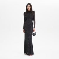 Black Rhinestone Mesh Long Sleeve Maxi Dress