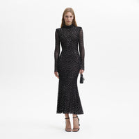 Black Square Rhinestone Mesh Midi Dress