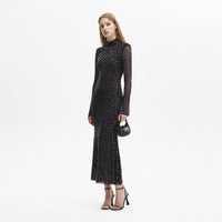 Black Square Rhinestone Mesh Midi Dress