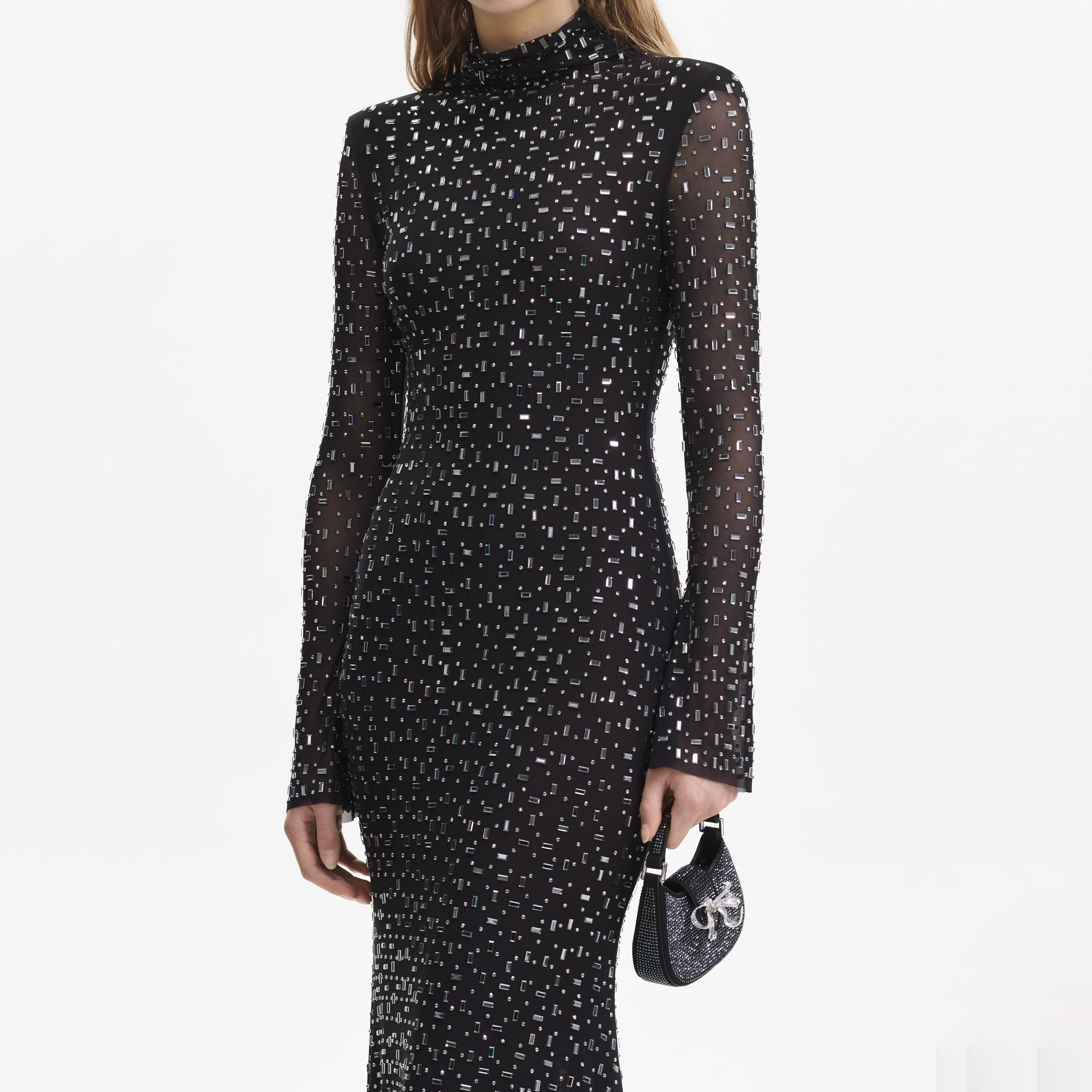 Black Square Rhinestone Mesh Midi Dress