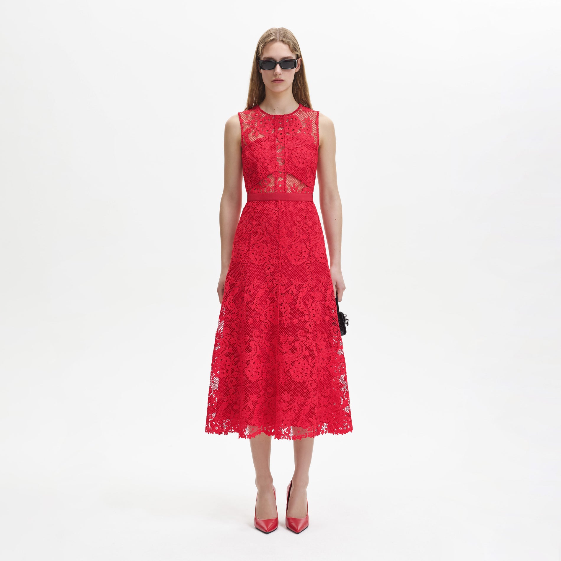 Red Lace High Neck Midi Dress