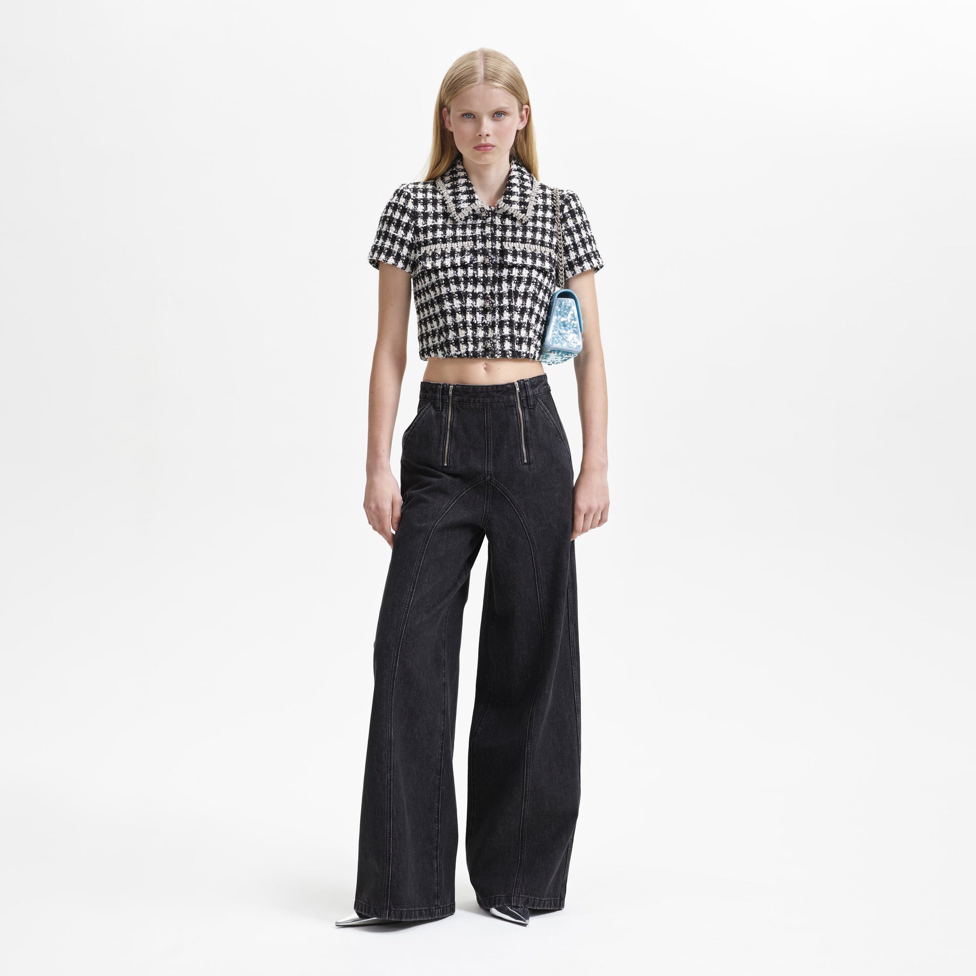 Black Check Boucle Crop Top