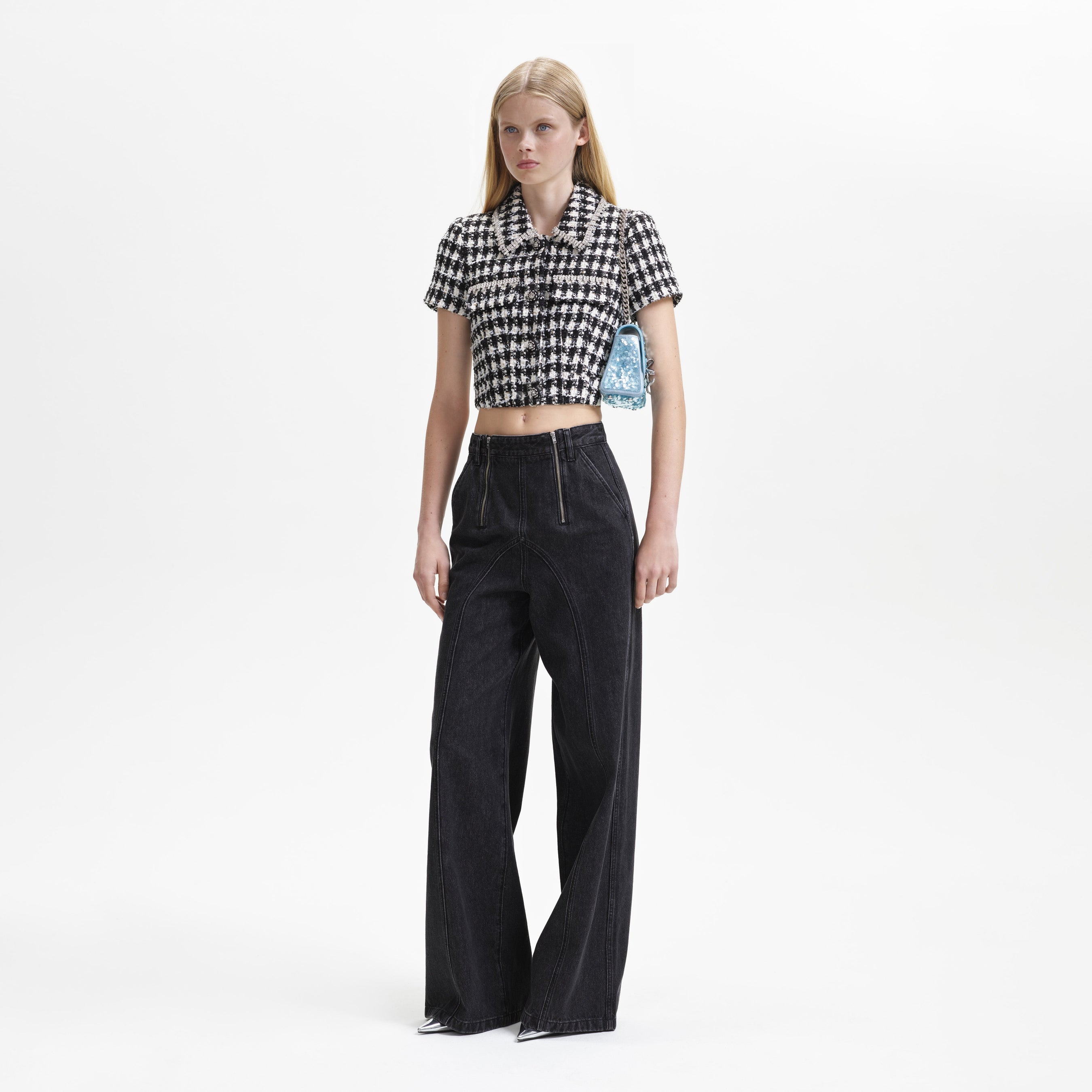 Black Check Boucle Crop Top