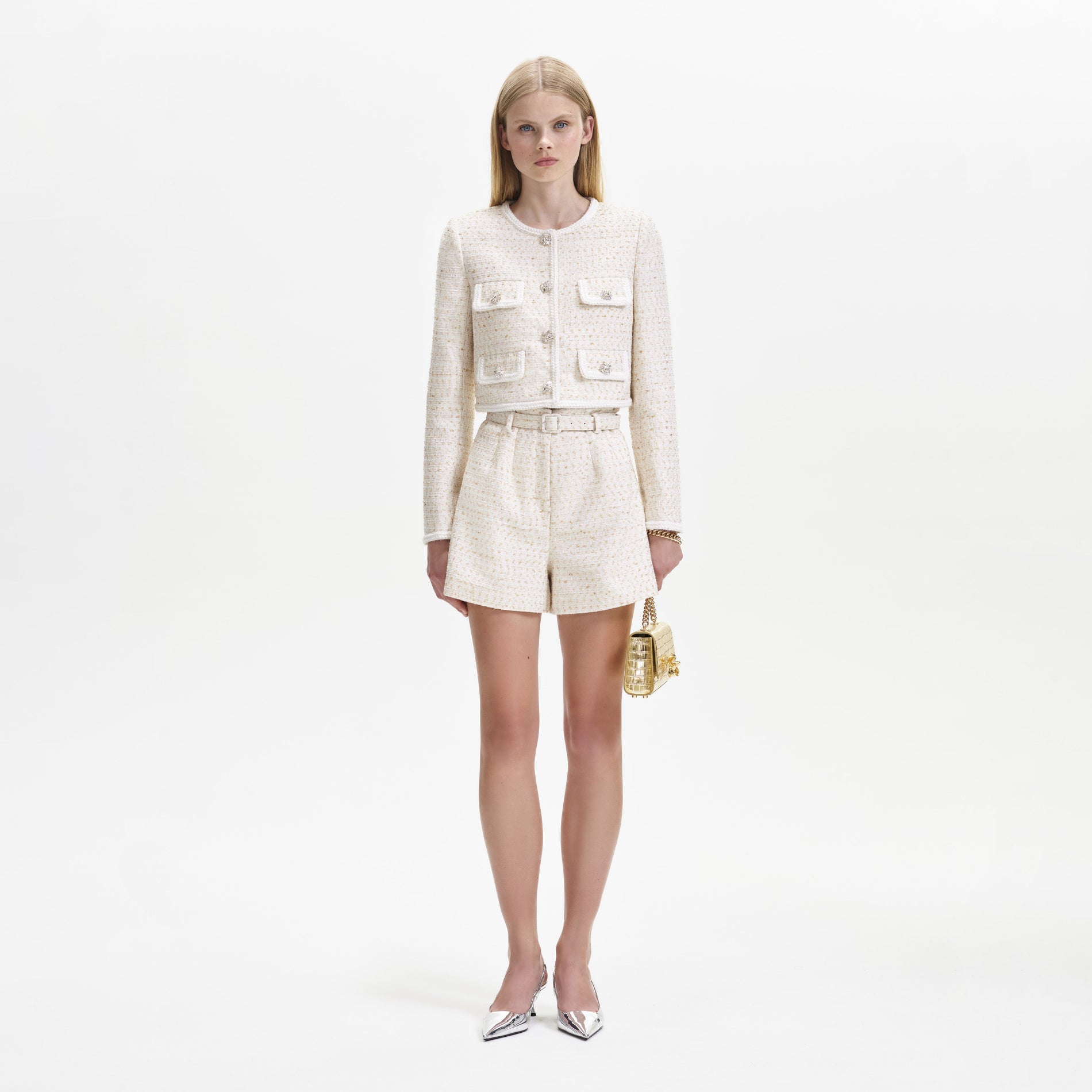 A woman wearing the Cream Boucle Short