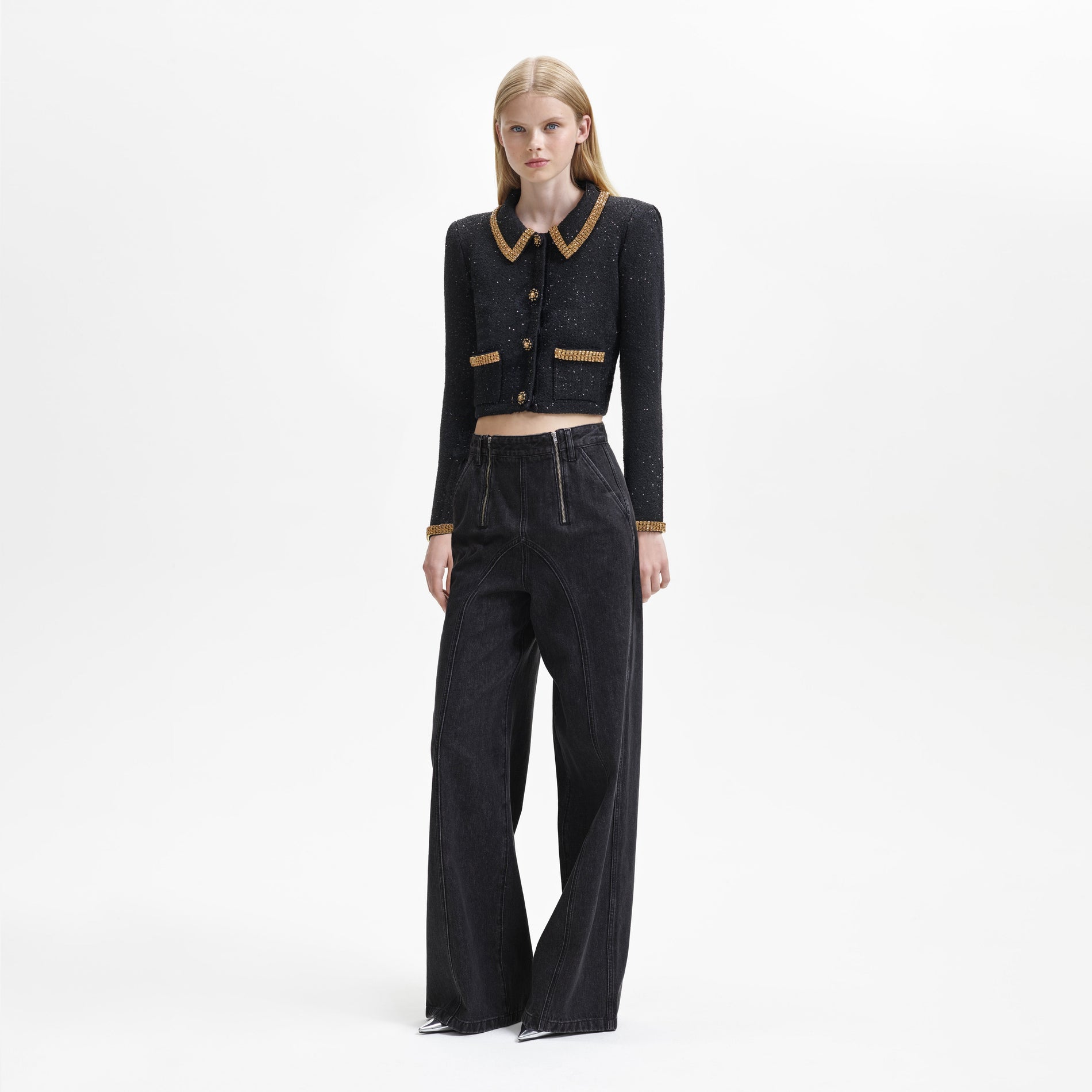 Side view of a woman wearing the Black Knit Gold Diamante Cardigan