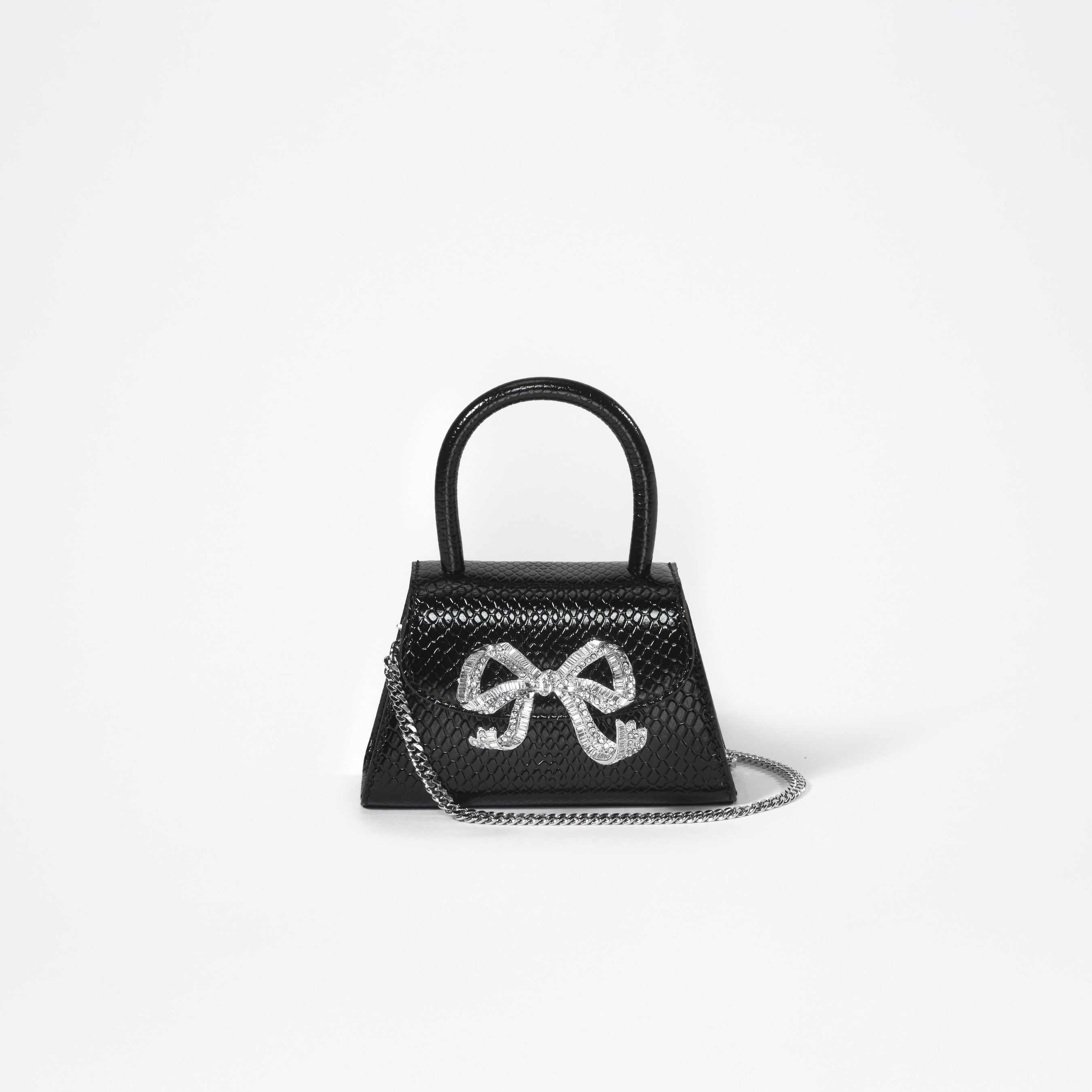 Black Python Diamante Bow Micro Bag