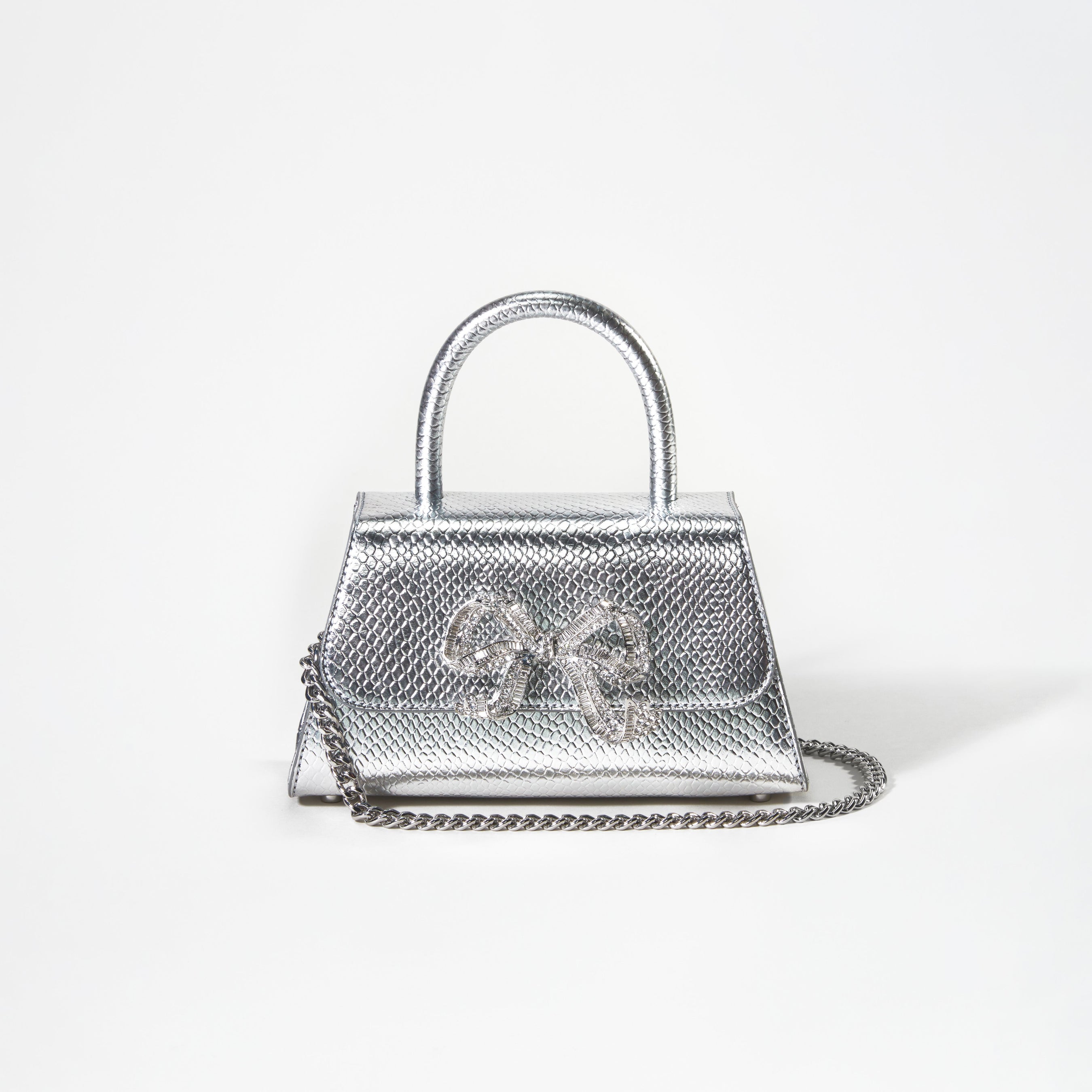 Silver Python Diamante Bow Mini Bag