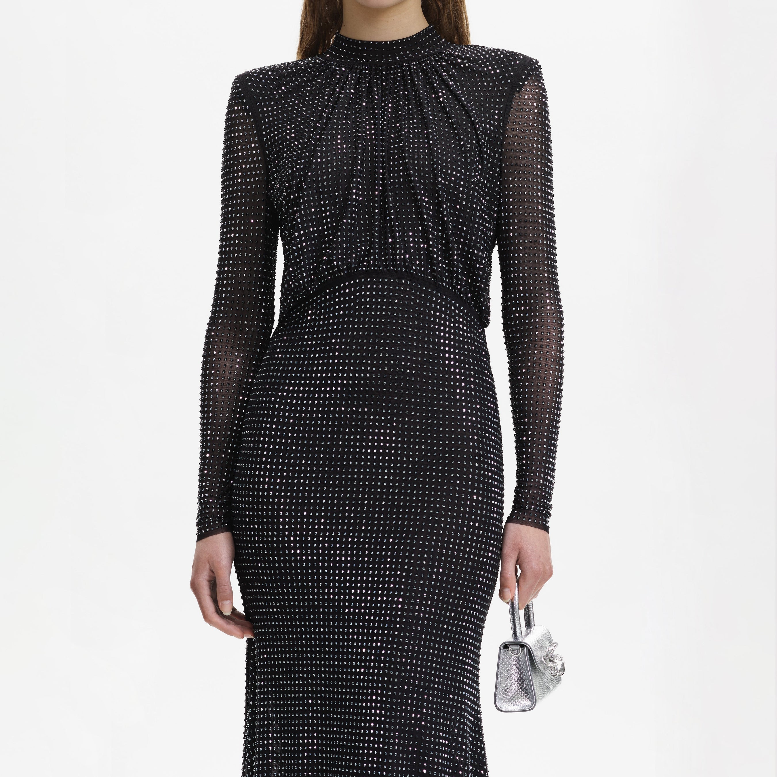 Black Rhinestone Mesh Long Sleeve Midi Dress