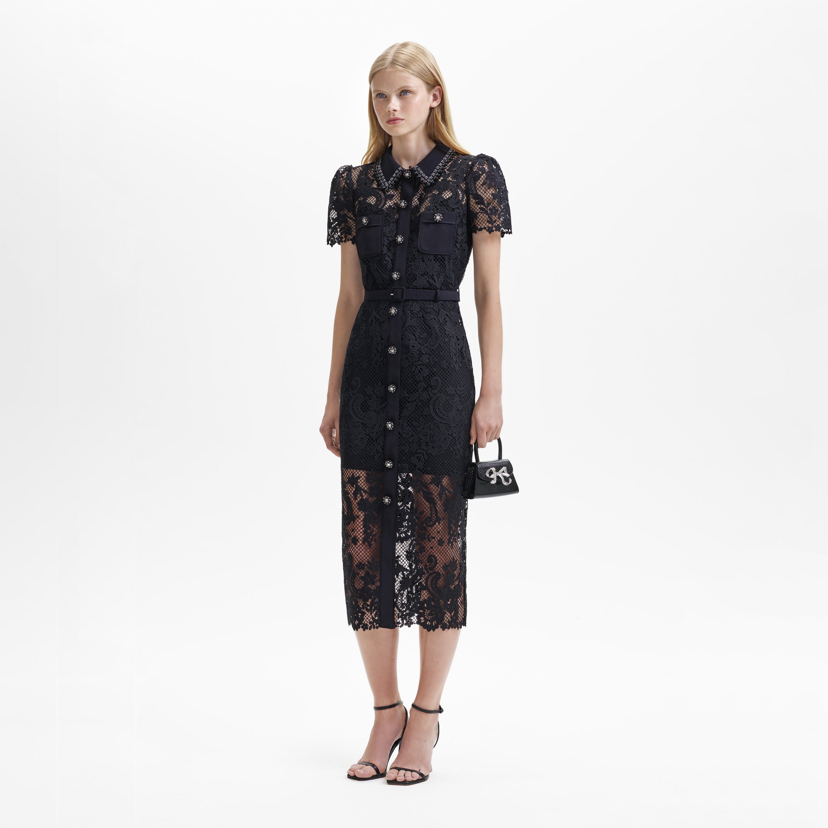 Black Lace Button Front Midi Dress